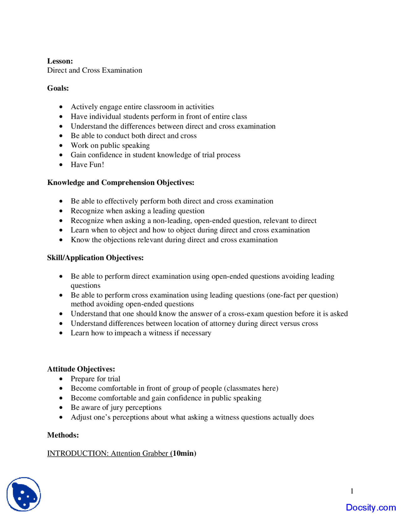 Direct and Cross Examination - Mock Trial Preparation - Lecture Notes ...