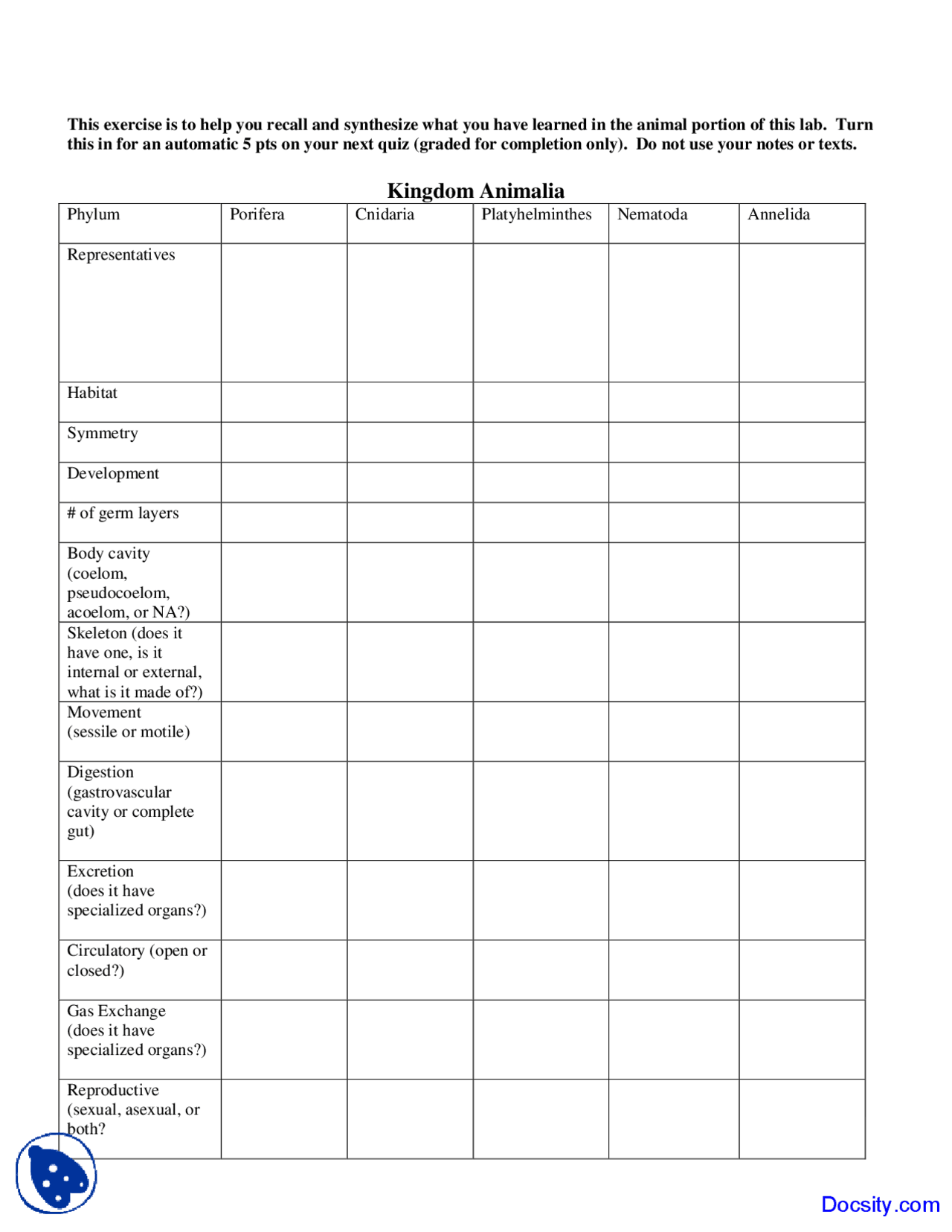 Kingdom Animalia - Biology of Organisms - Lecture Handouts - Docsity