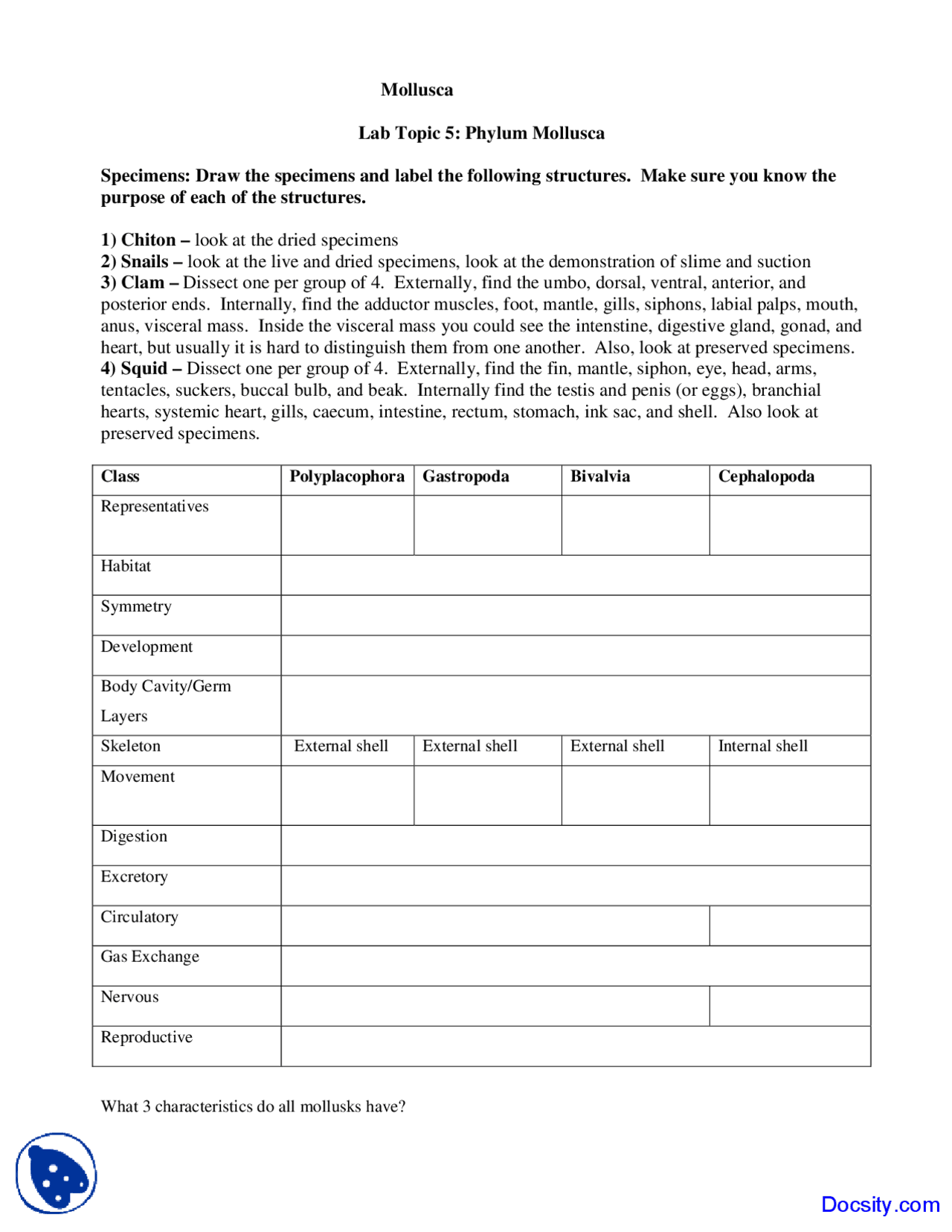 Mollusca - Biology of Organisms - Lecture Handouts - Docsity
