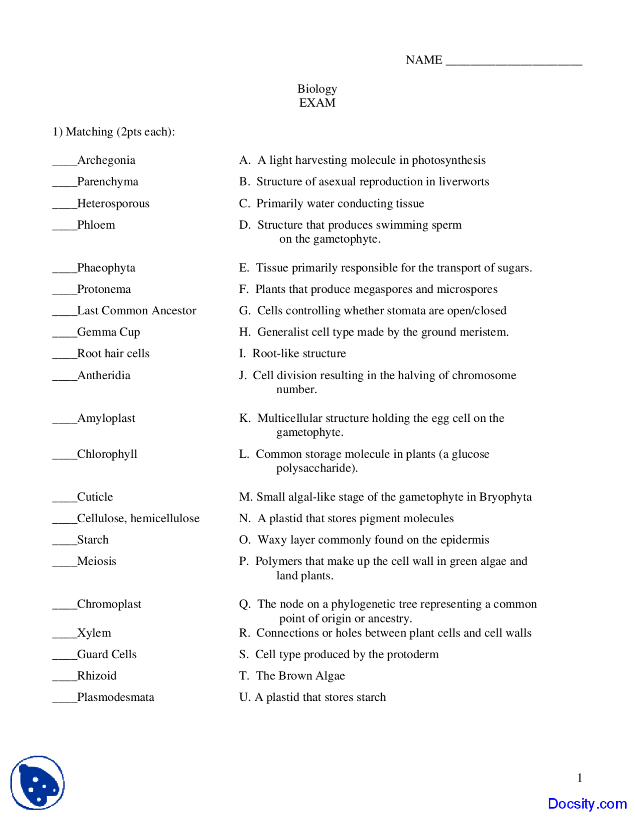 Harvesting Molecule - Structure and Function of Plants - Exam - Docsity