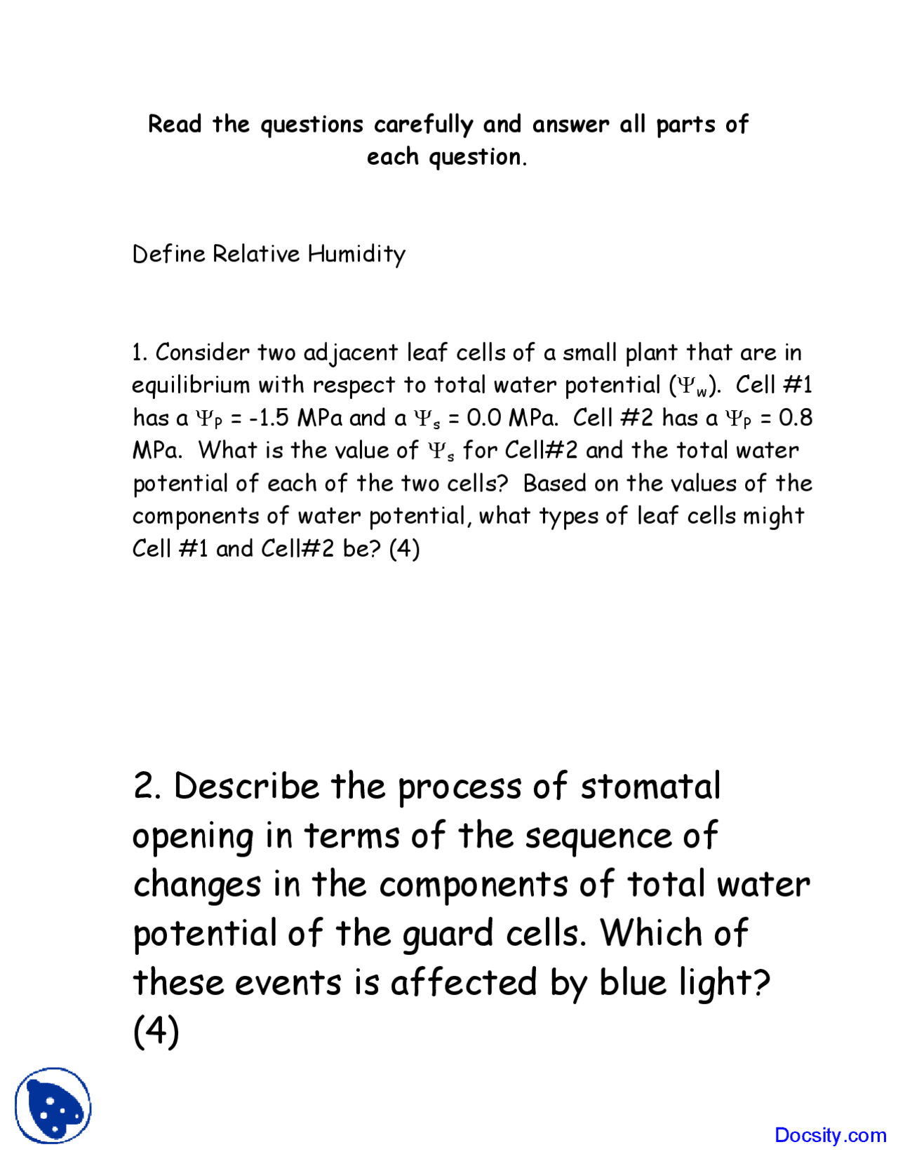 Relative Humidity - Plant Physiology - Quiz - Docsity