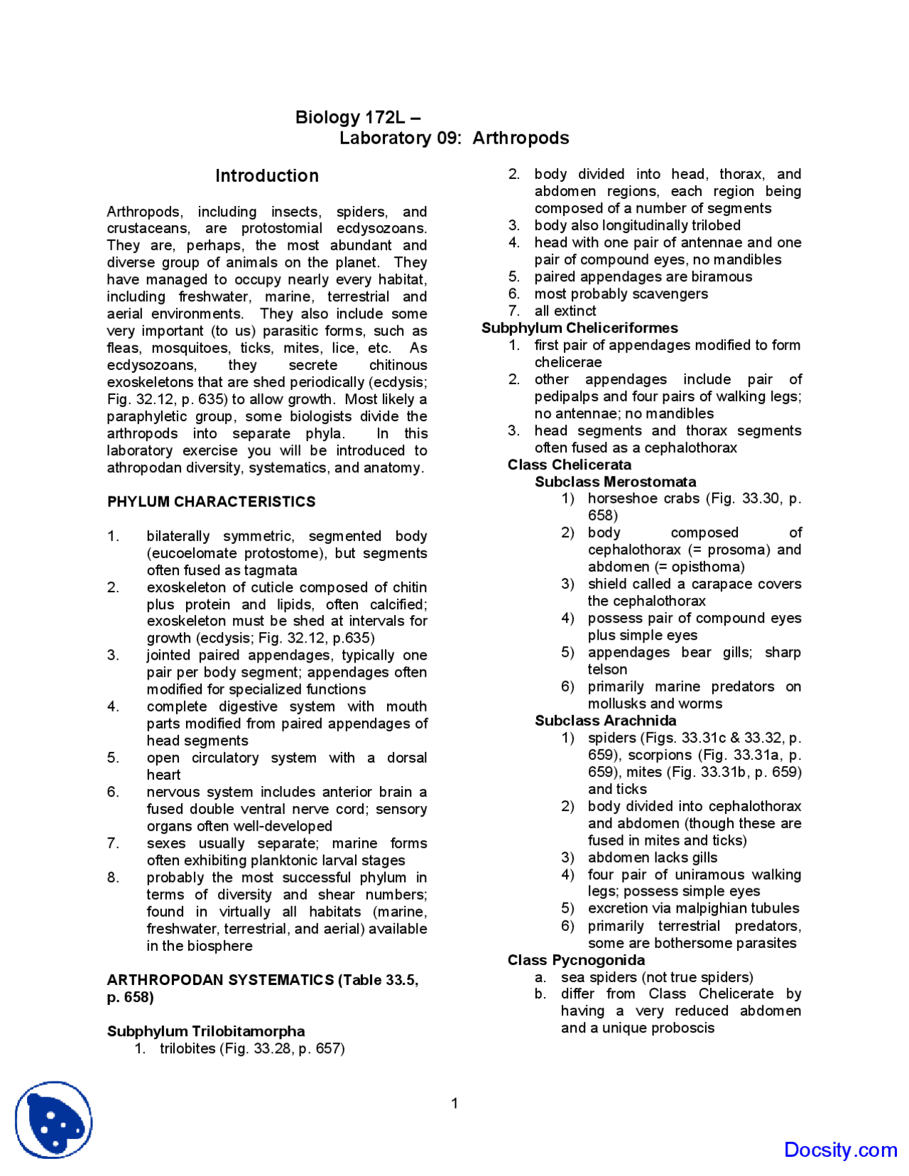 Arthropods - Introduction to Biology - Lab Handout | Exercises Biology ...