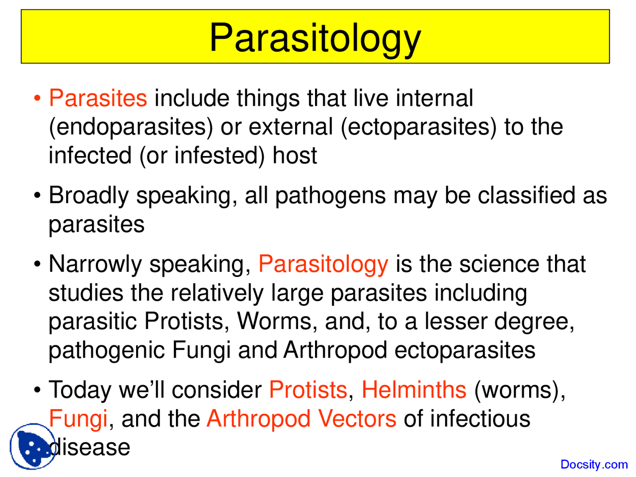 Parasitology - Introduction to Biology - Lecture Slides - Docsity
