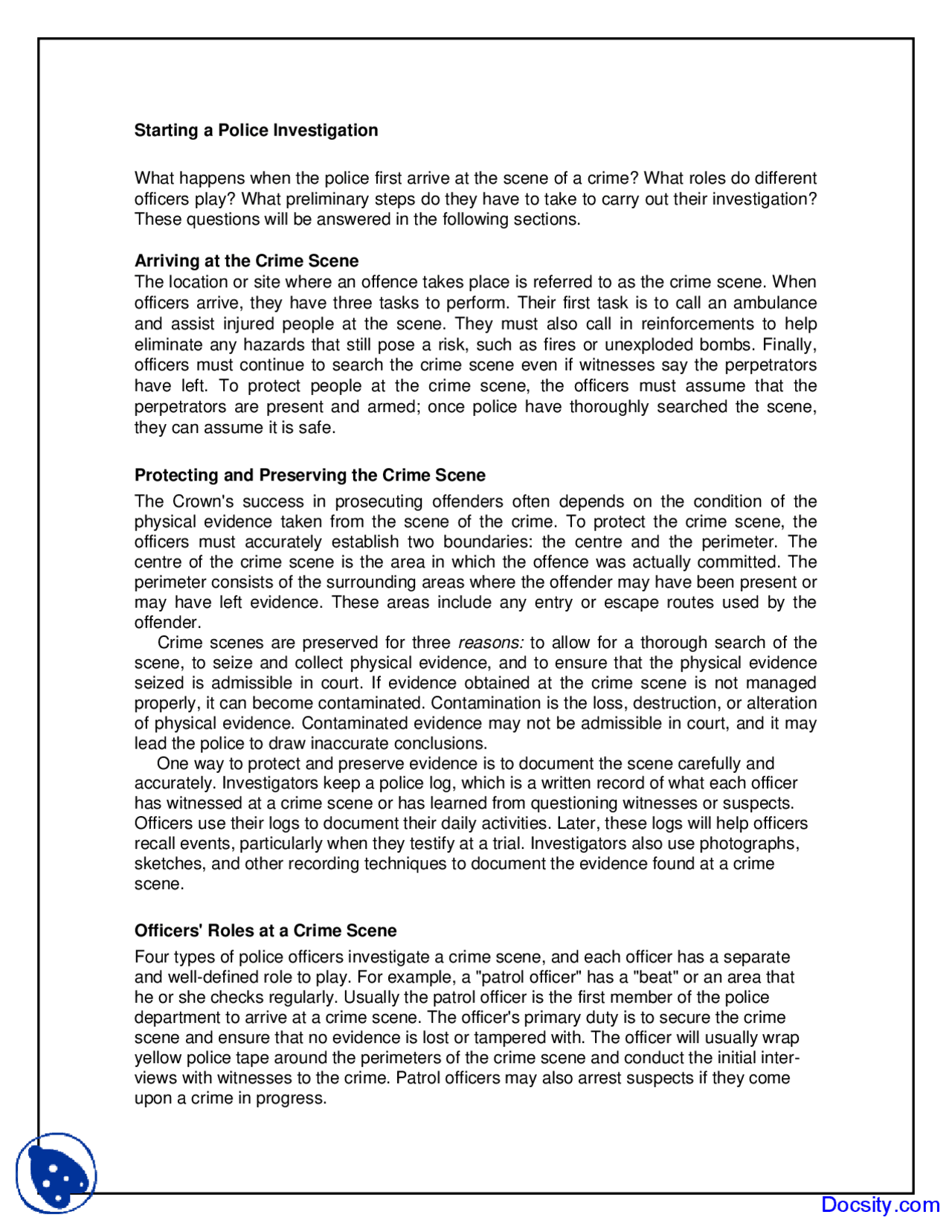 Starting a Police Investigation - Policing and Arrest - Lecture Notes ...