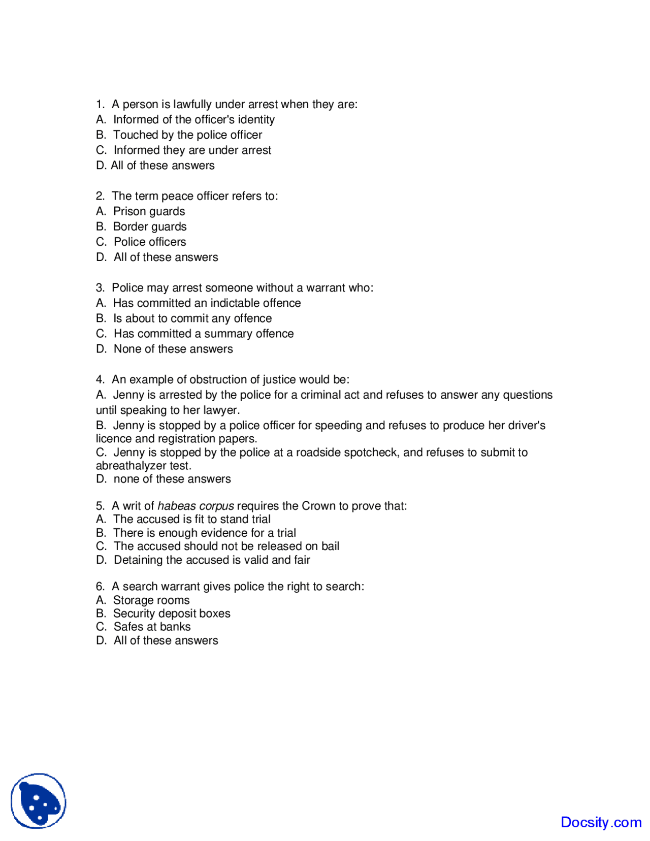 Policing - Policing and Arrest - Quiz - Docsity