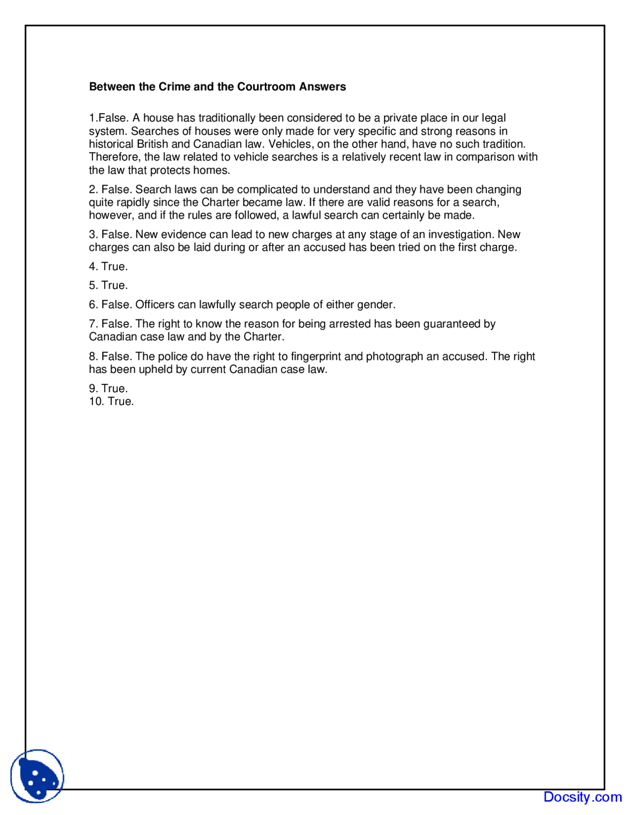 Crime and the Courtroom - Policing and Arrest - Solved Quiz - Docsity