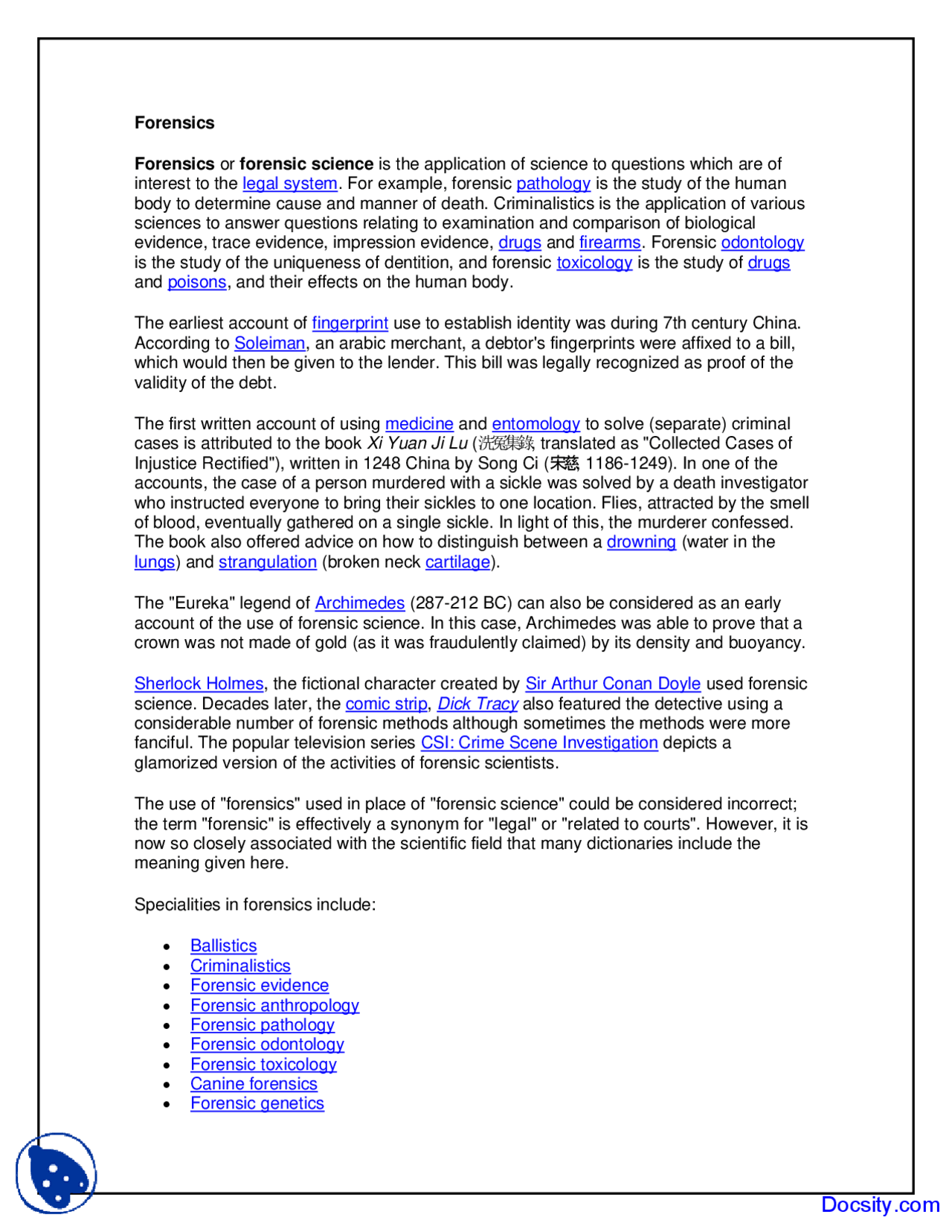 Forensics - Policing and Arrest - Lecture Notes - Docsity