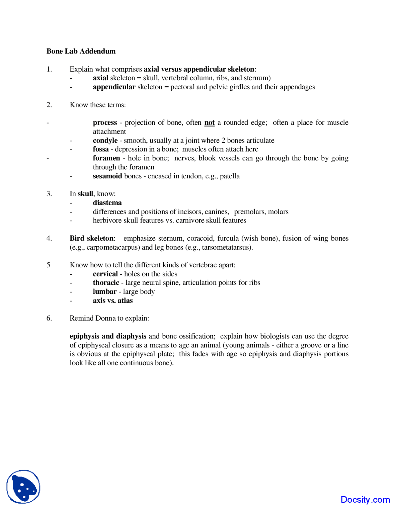 Bone Lab Addendum - Vertebrate Zoology - Lab Manual - Docsity