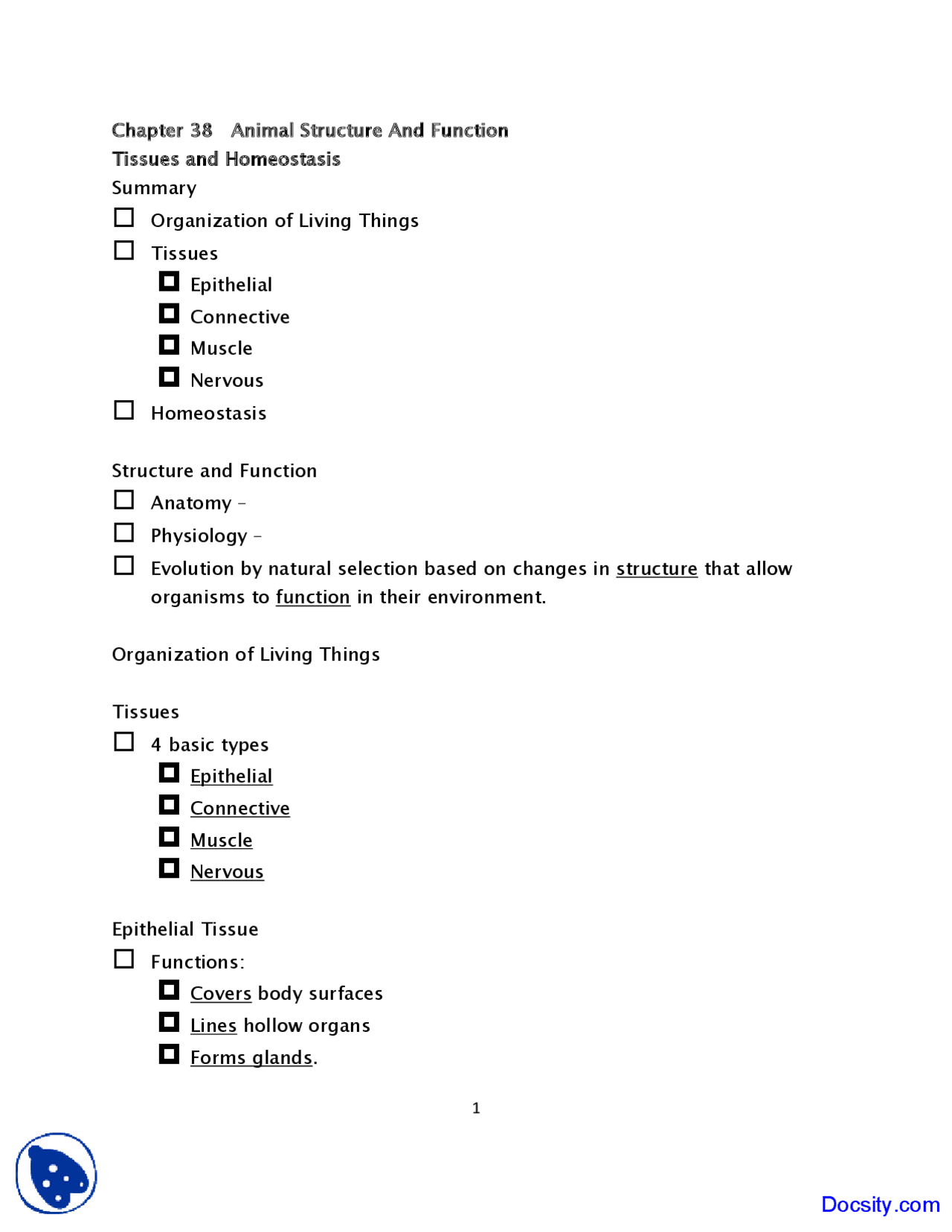 Animal Structure and Function - Fundametnals of Biology - Lecture Notes
