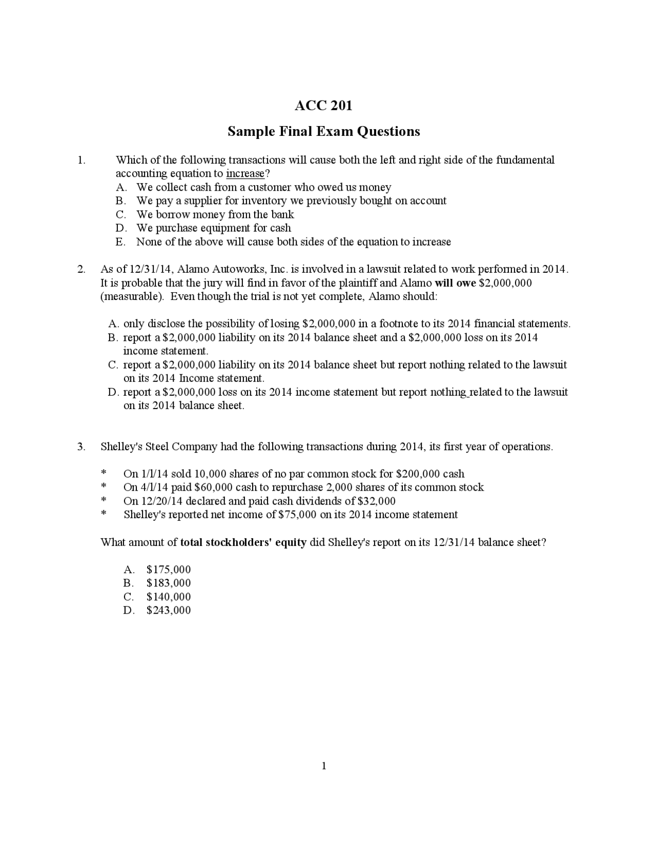 Multiple Choice Questions on Financial Accounting Final Exam ACC