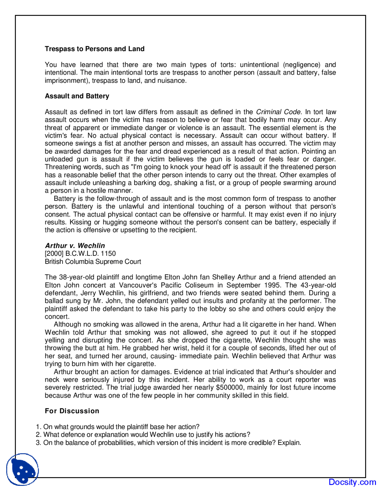 Trespass to Persons and Land - Tort Law - Lecture Notes - Docsity