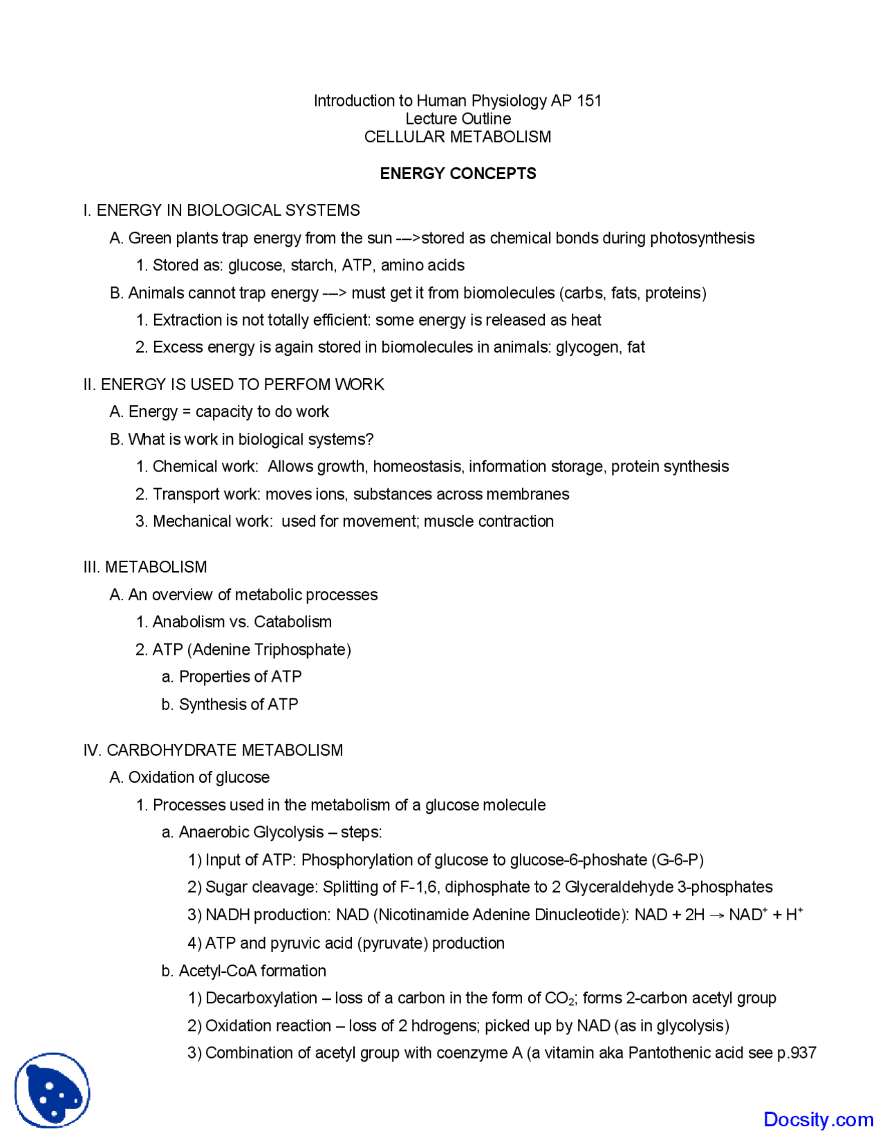 Cellular Metabolism - Physiology and Anatomy - Lecture Notes | Study ...