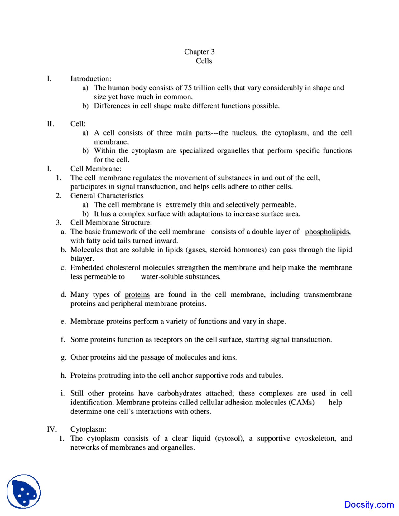 Cells - Physiology and Anatomy - Lecture Notes | Study notes Physiology ...