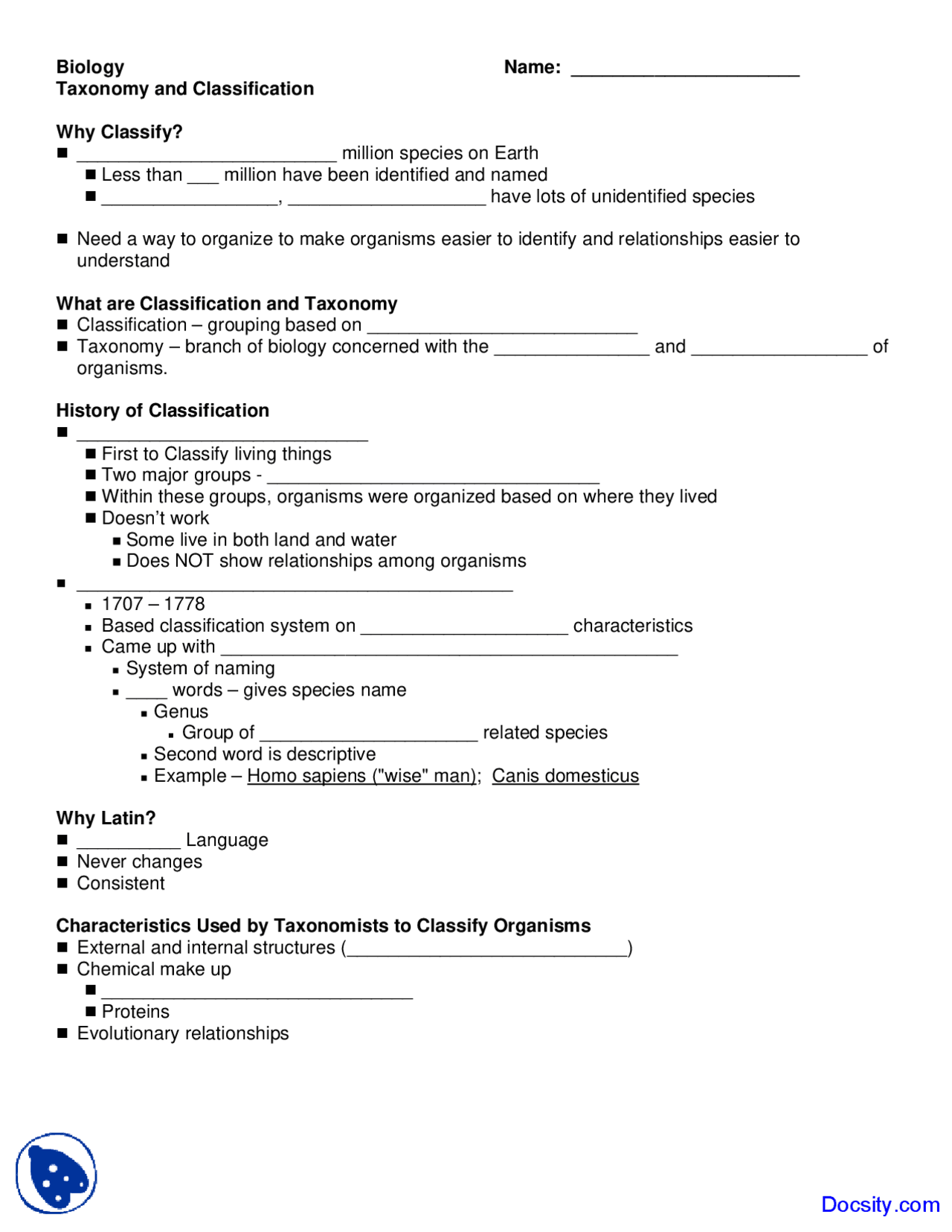 Classification In Exam Example Taxonomy and Classification - Introductory Biology - Quiz - Docsity