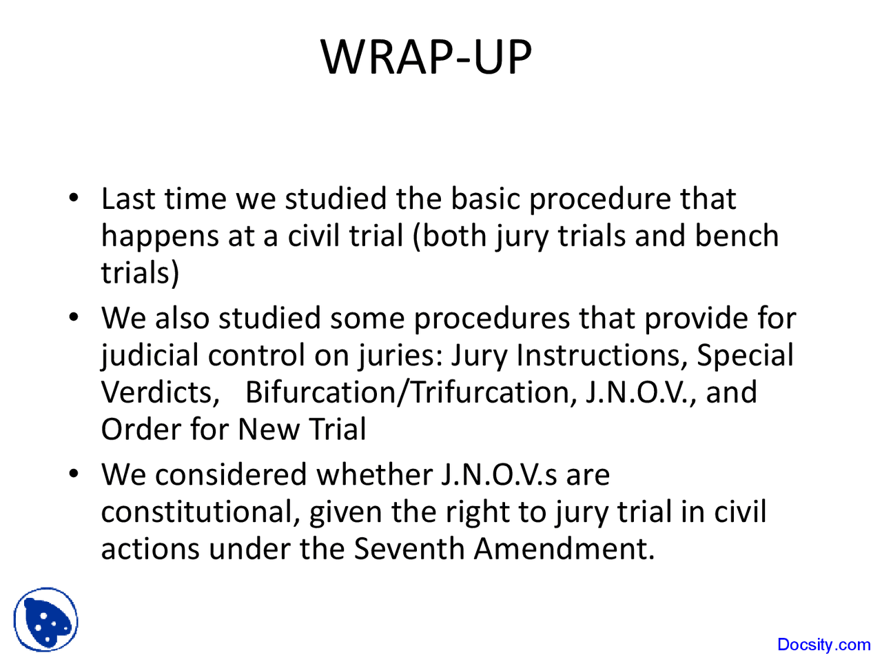 Basic Procedure - Civil Procedure - Lecture Slides - Docsity