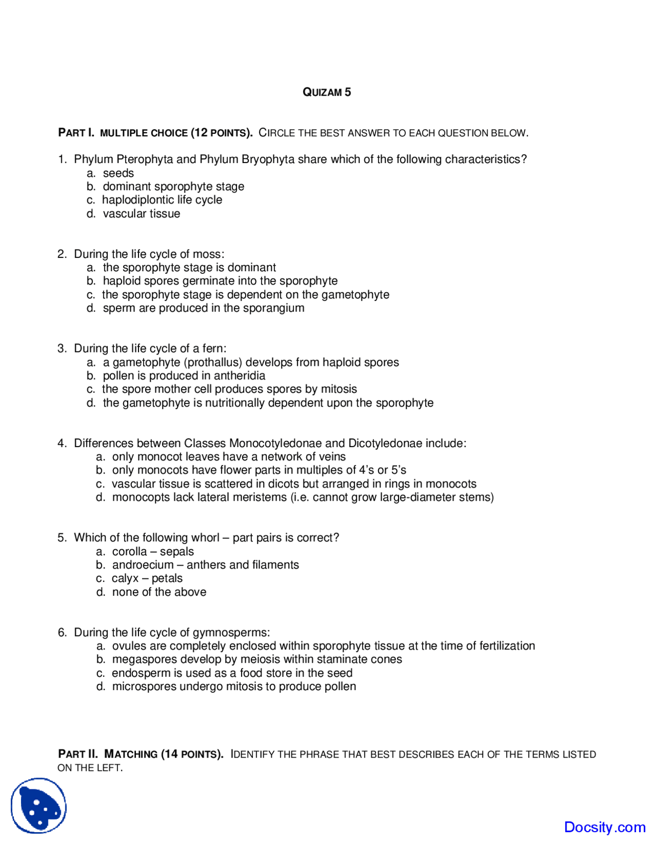 Phylum Pterophyta, Phylum Bryophyta - Principles of Biology - Quiz ...