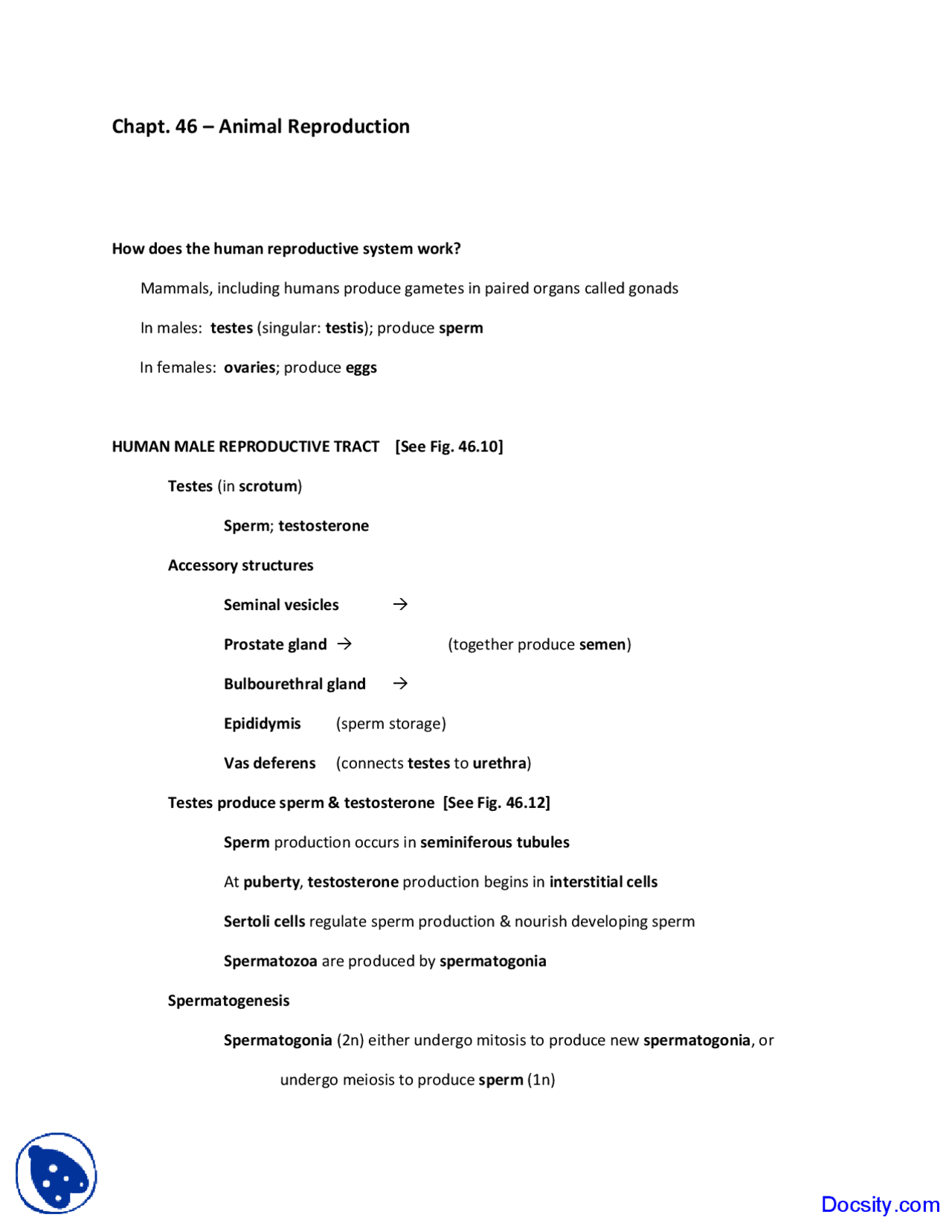 Animal Reproduction - Biology for Science - Lecture Notes - Docsity