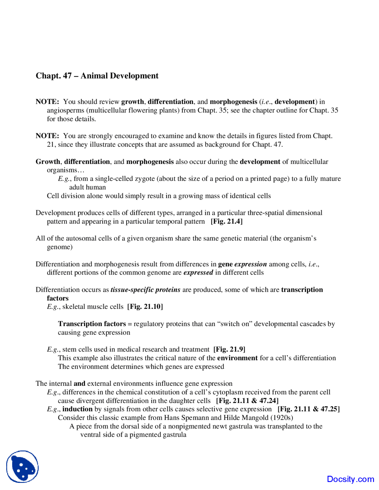 Animal Development Biology For Science Lecture Notes Docsity