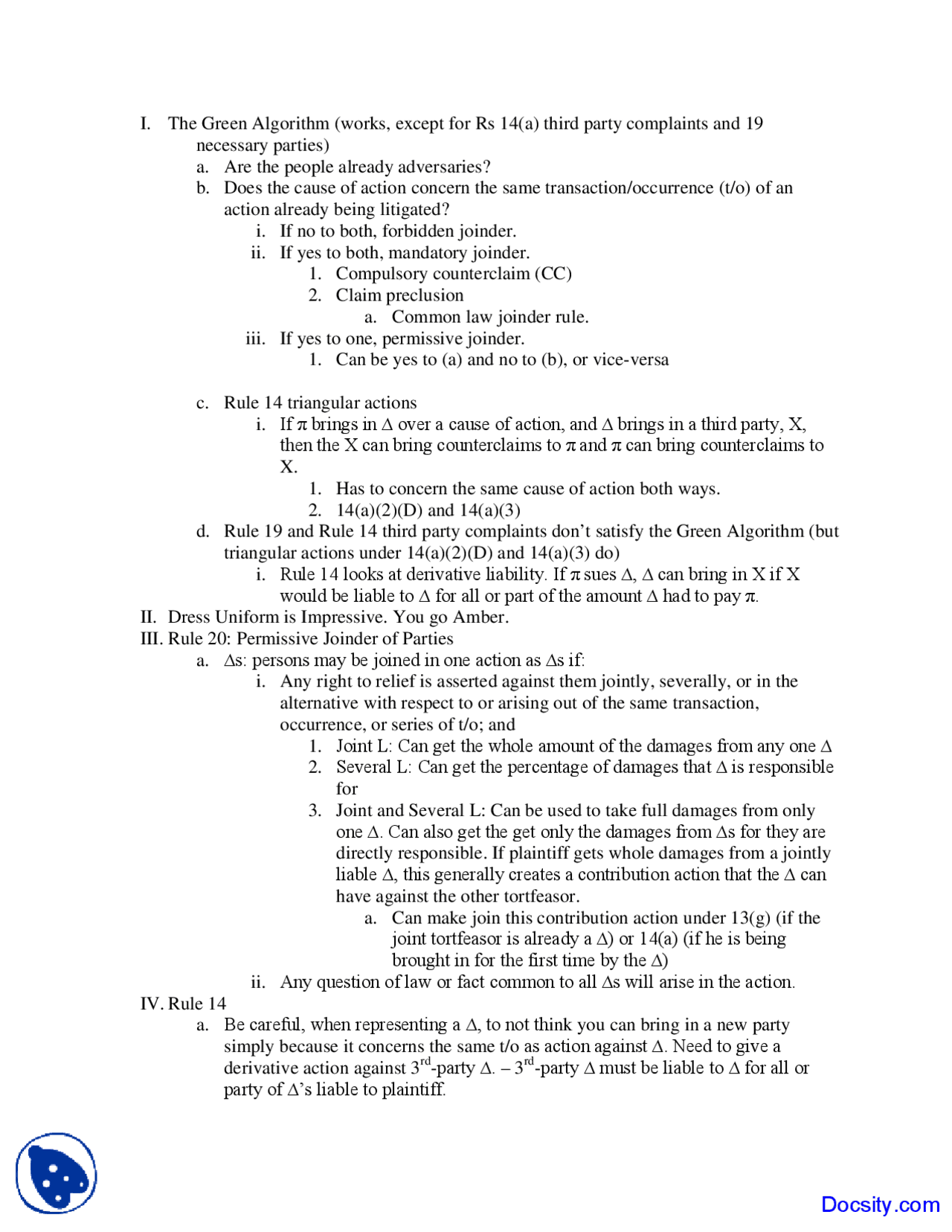 Green Algorithm - Civil Procedure - Lecture Notes - Docsity
