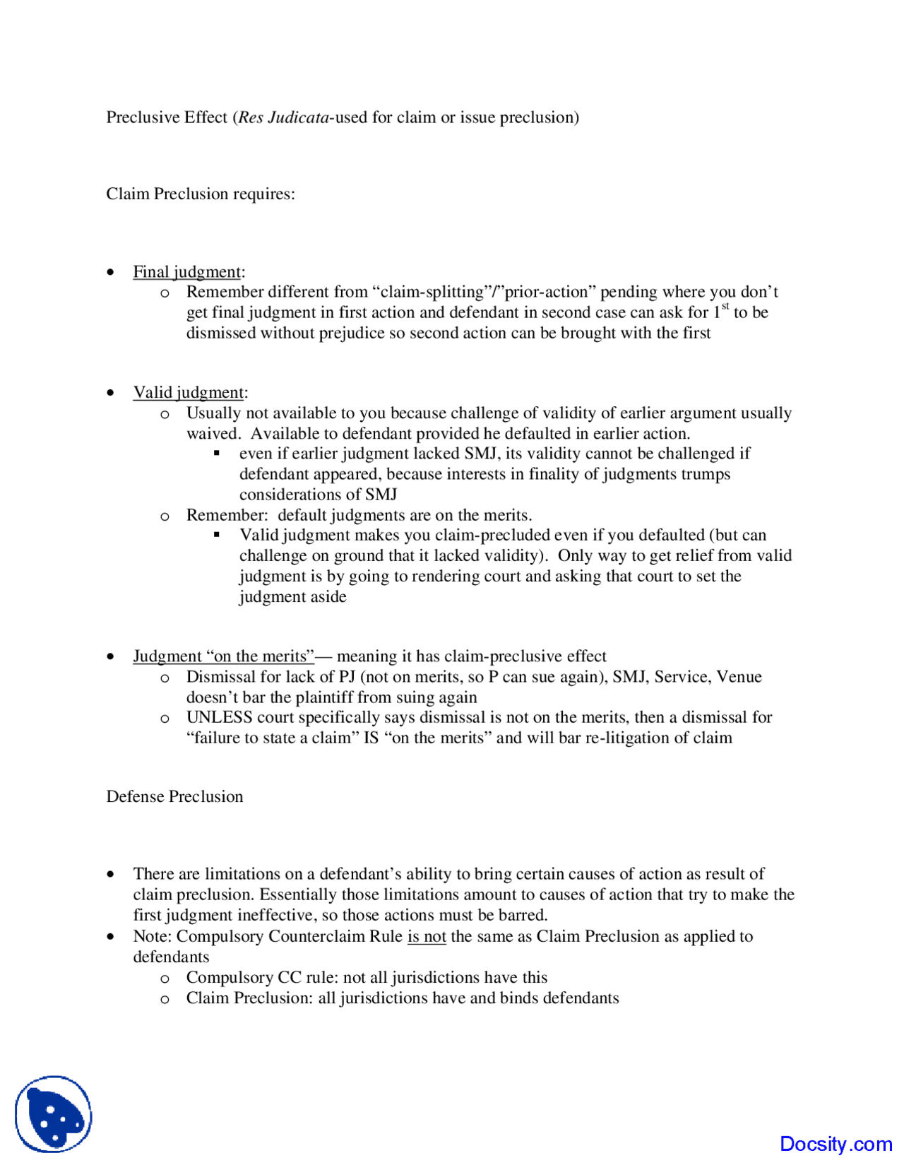 Proclusive Preclusive Effect - Civil Procedure - Lecture Notes - Docsity