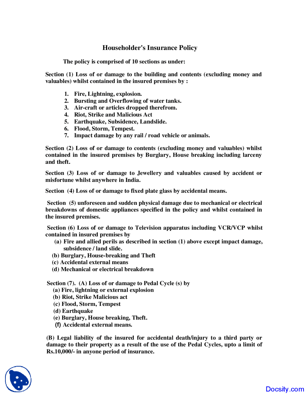 Householder Insurance Policy Insurrance Lecture Notes Docsity