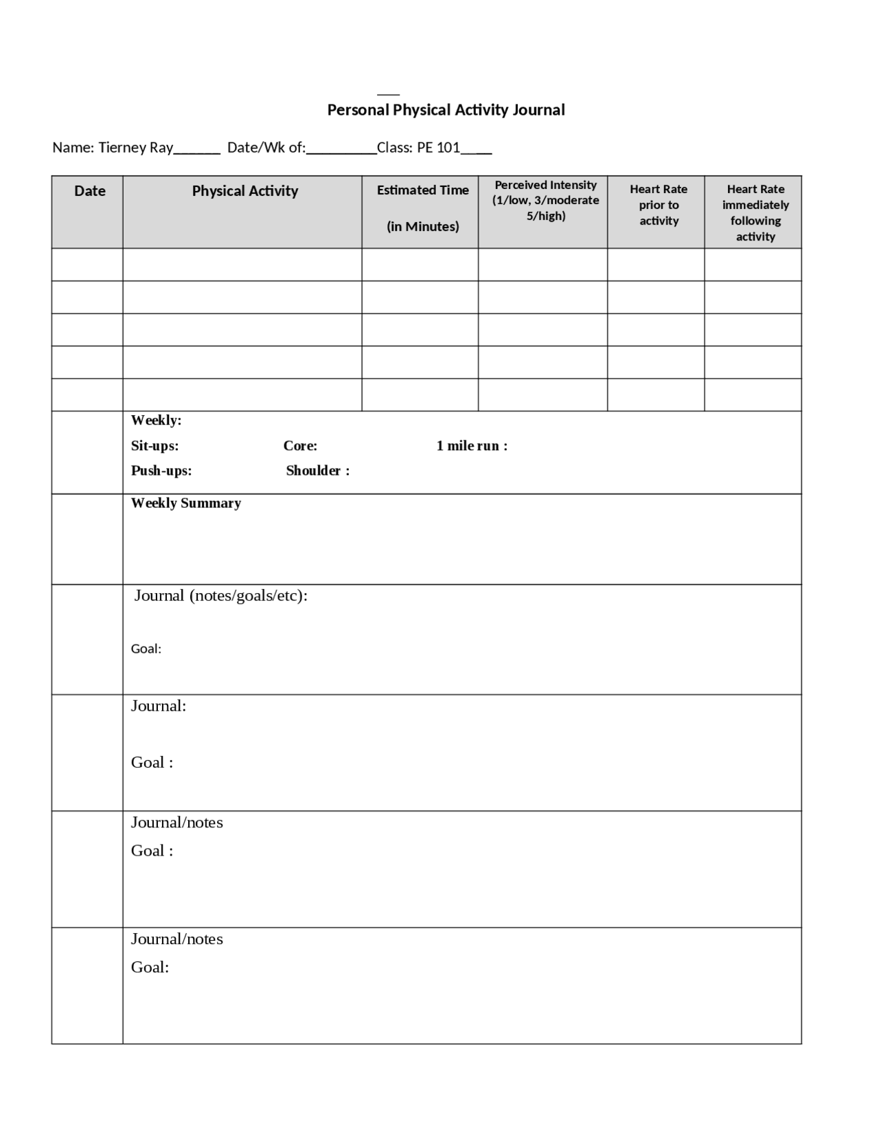 Personal Physical Activity Journal CRIM 220 Docsity