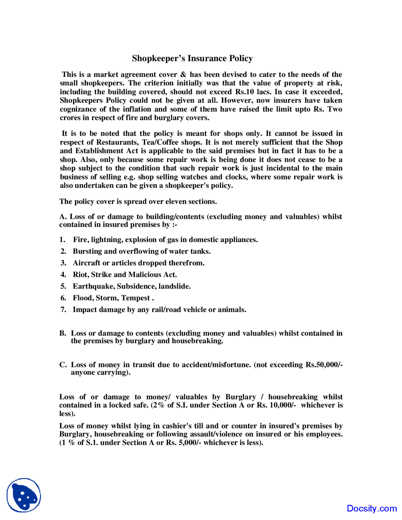 Shopkeeper Policy Sample Shopkeeper Insurance Policy - Insurrance - Lecture Notes - Docsity