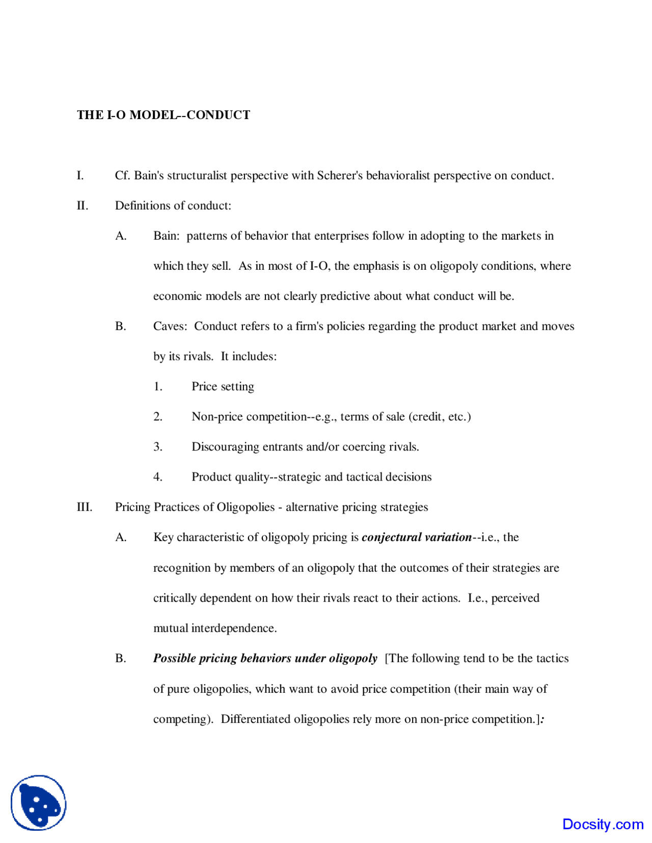The IO Model Conduct - Analysis of Food System - Lecture Notes - Docsity