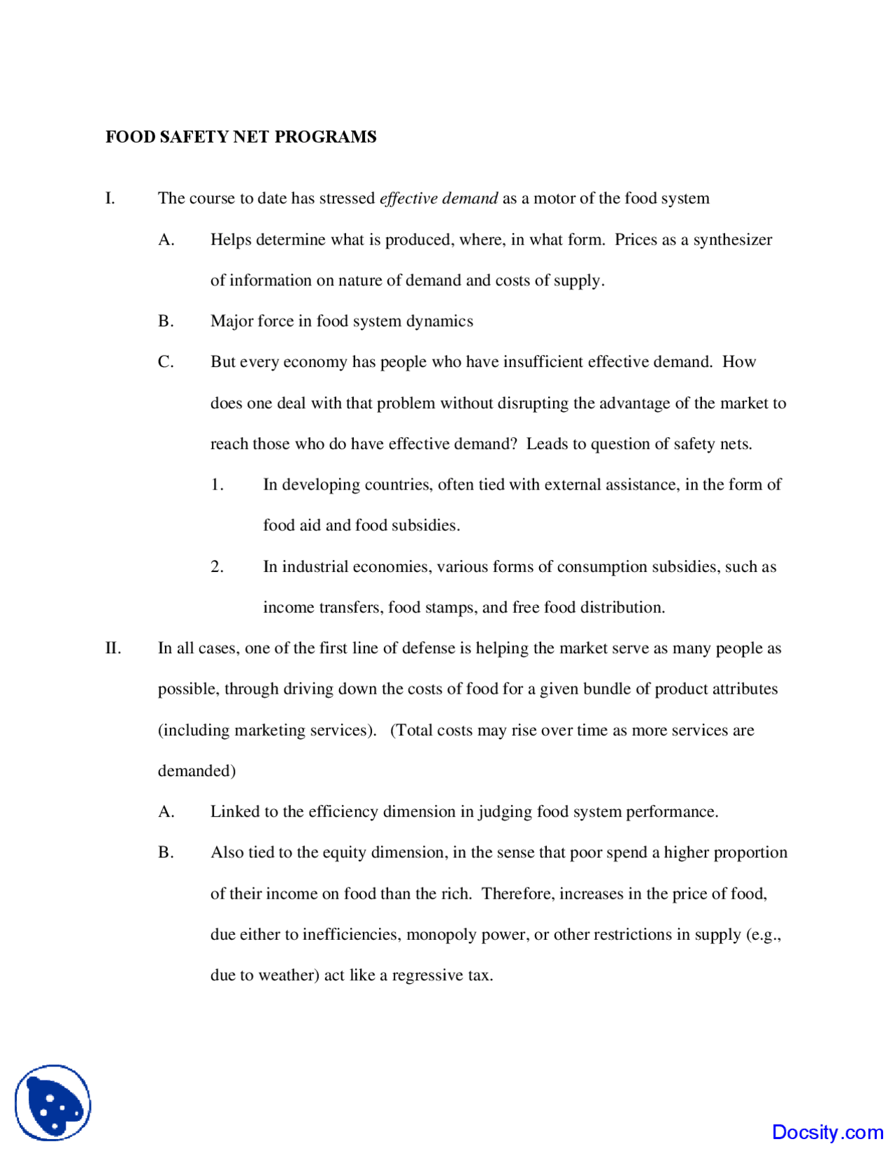Food Safety Net Programs Analysis of Food System Lecture Notes