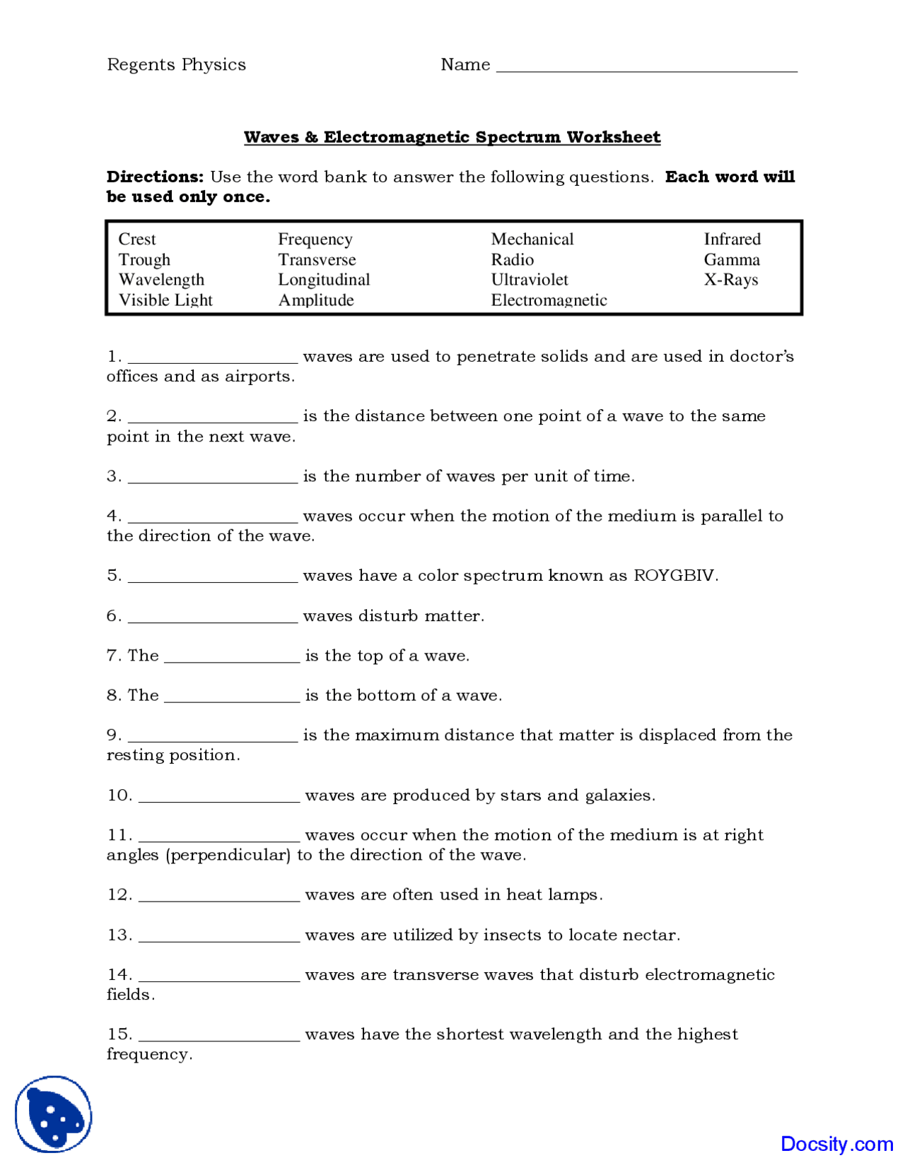 Waves and Electromagnetic Spectrum - General Chemistry - Quiz Inside Waves Review Worksheet Answer Key