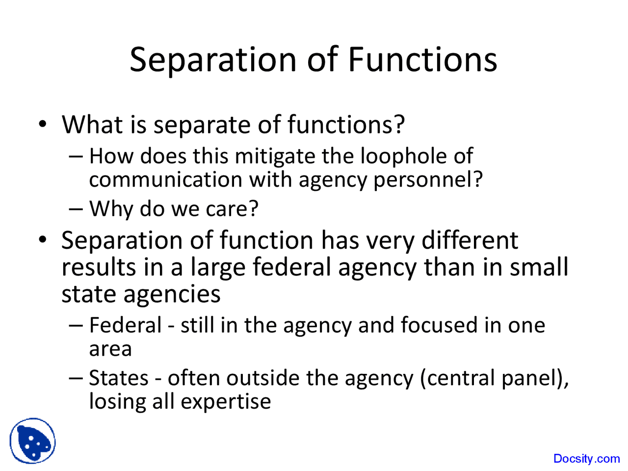 Separation of Functions Administrative law Lecture Slides Docsity