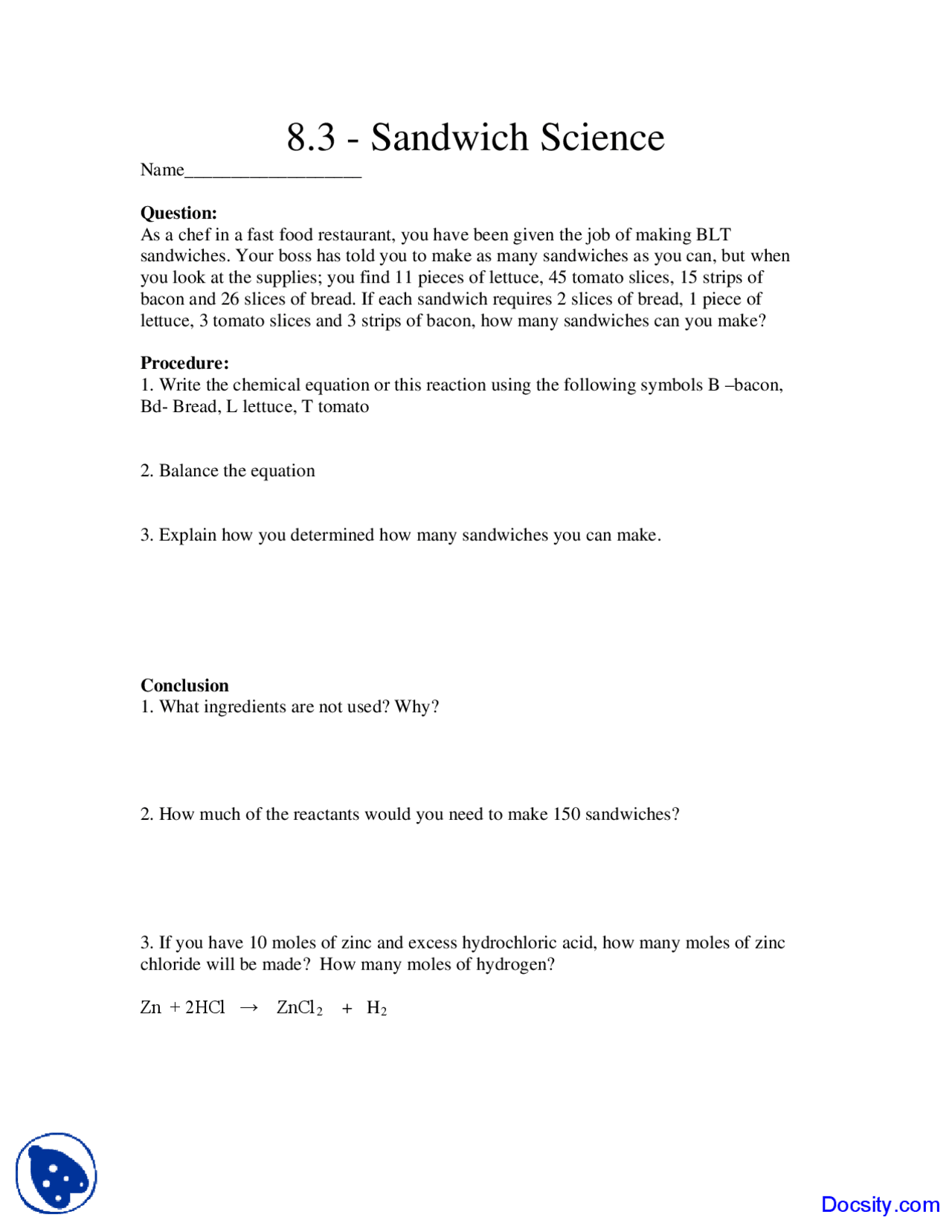 Sandwich Science General Chemistry Assignment Docsity