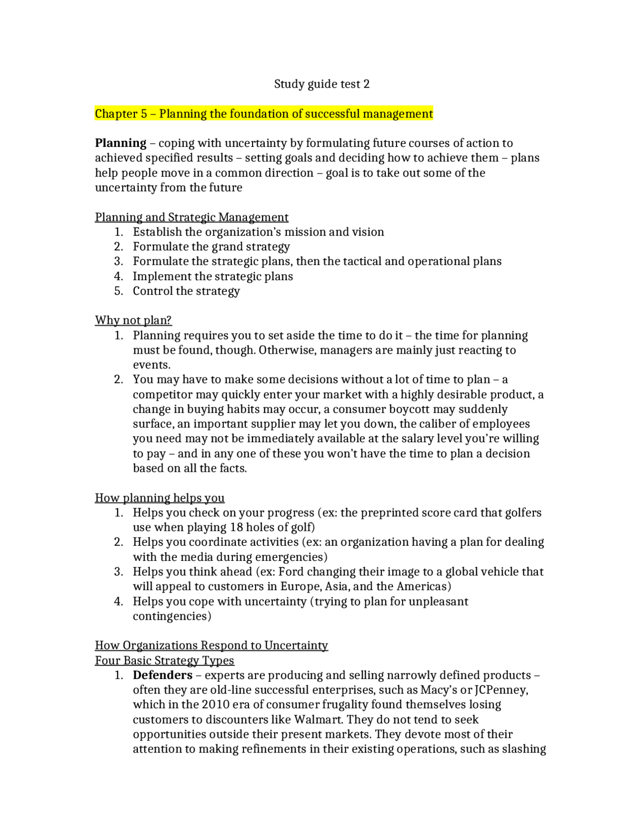 Study Guide for Test 2 | Concepts of Management | MAN 3025 | Exams ...