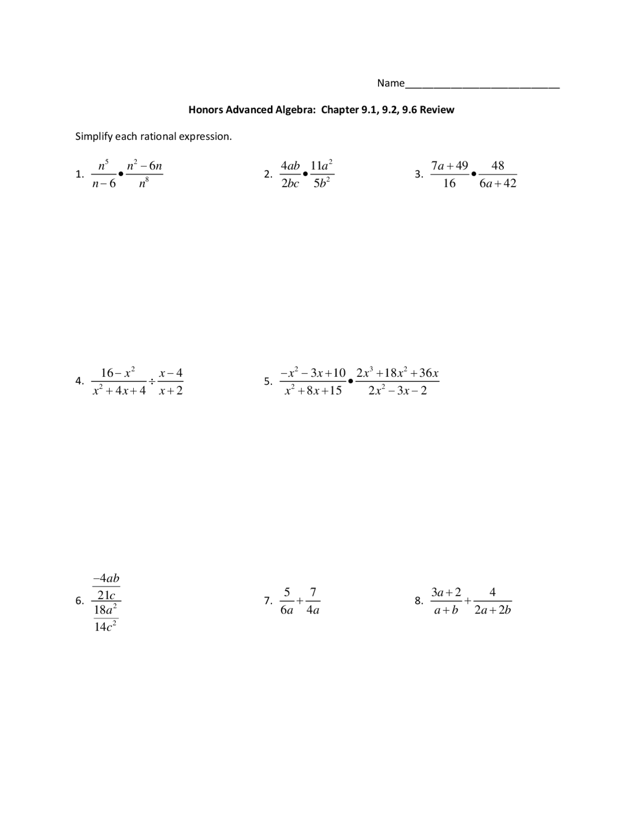 Advanced Math Practice Problems Division Queries - Advanced Algebra - Practice Problems - Docsity