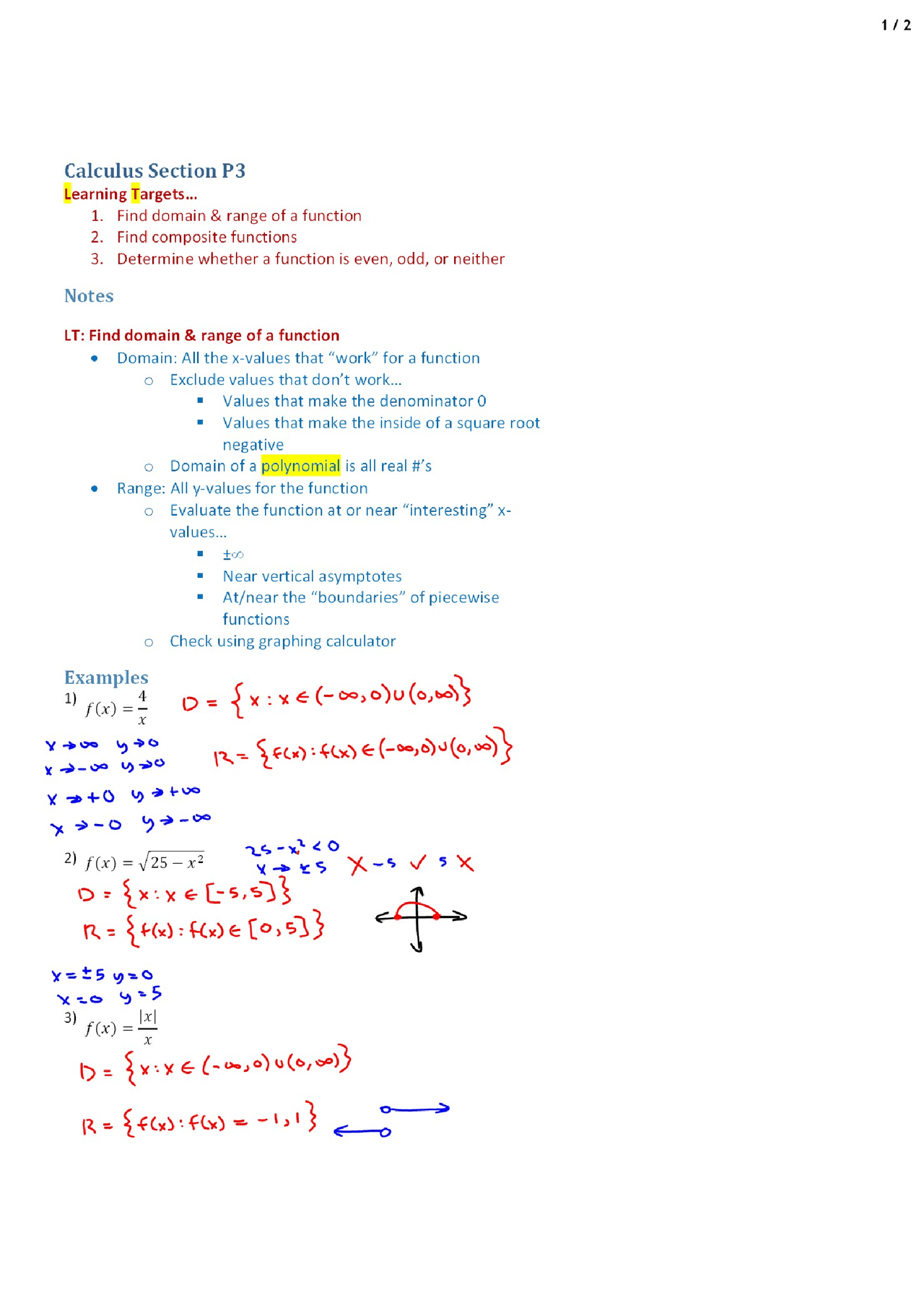 Domain and Range - AP Calculus - Lecture Notes - Docsity