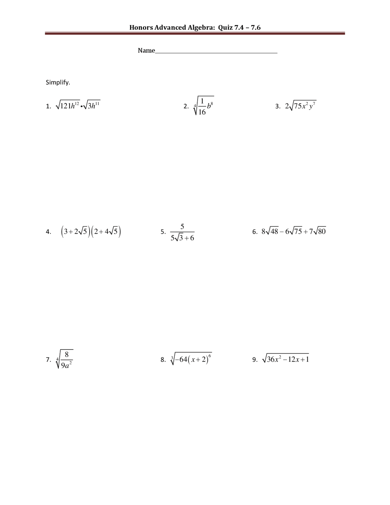 Under Root Division - Advanced Algebra - Quiz - Docsity