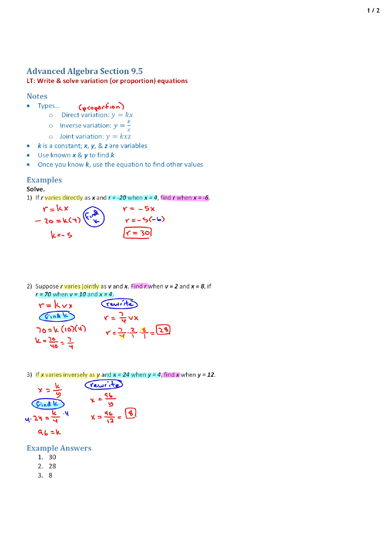 Algebraic Proportion Notes Proportion Equations - Advanced Algebra - Lecture Handout - Docsity