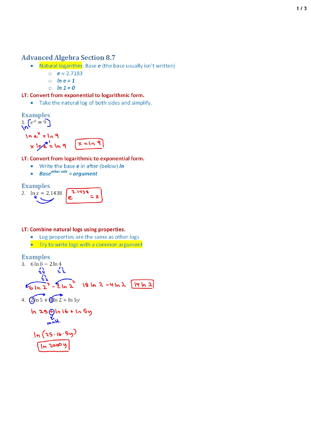 Natural Logarithm - Advanced Algebra - Lecture Handout - Docsity