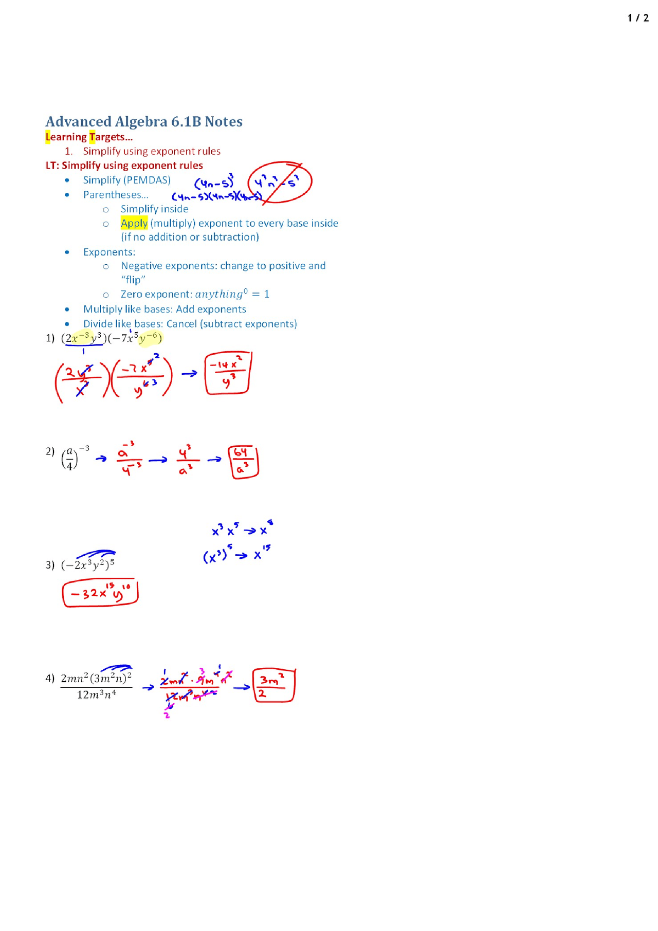 Exponent Rules - Advanced Algebra - Lecture Handout - Docsity