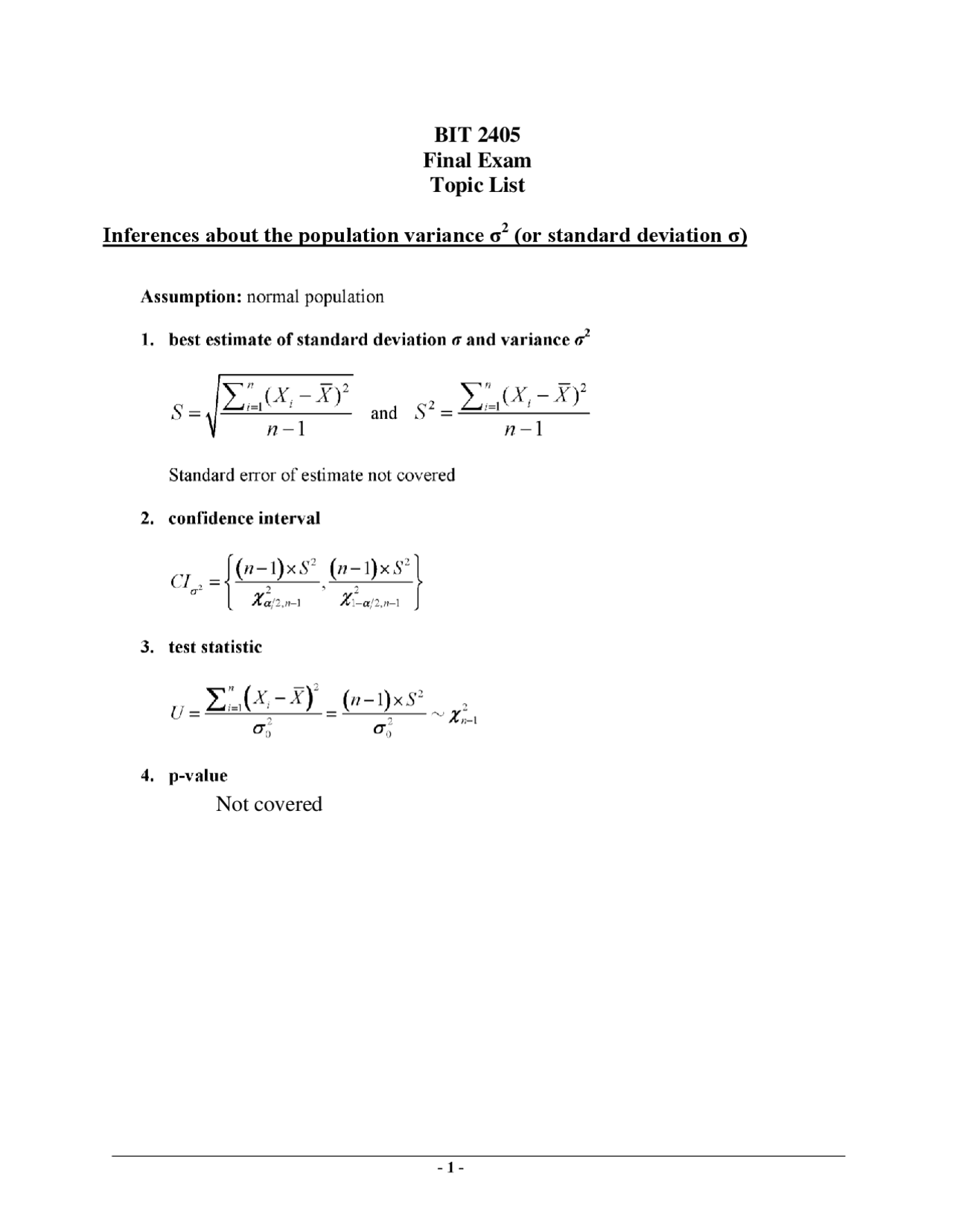 Final Exam Formulas - Quantitative Methods | BIT 2405 - Docsity