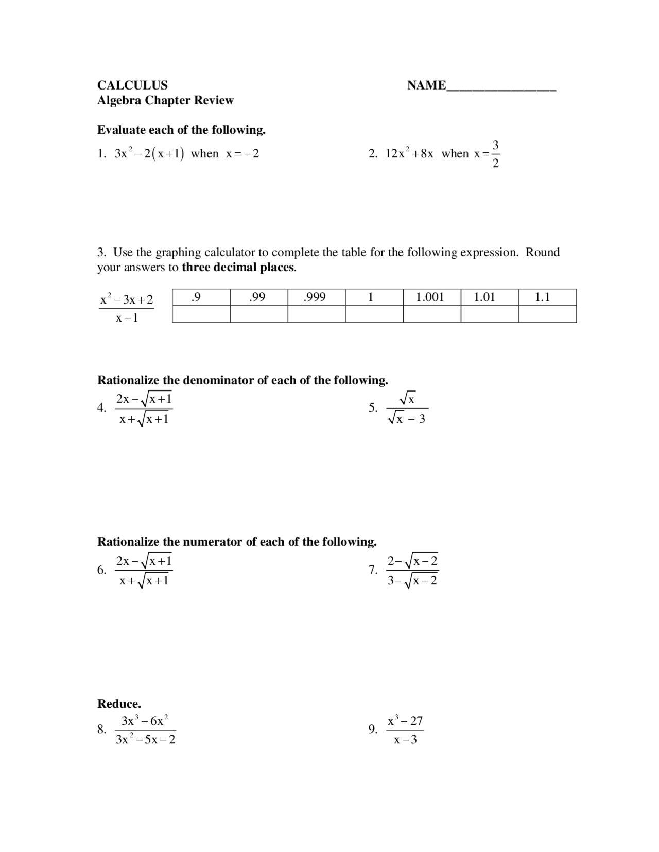 Algebra Chapter - AP Calculus - Practices Problems - Docsity