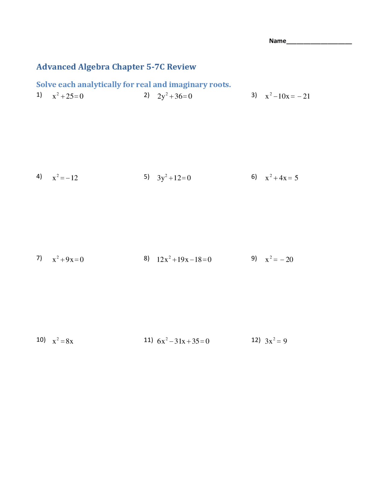 Real Function Roots - Advanced Algebra - Practice Problems - Docsity