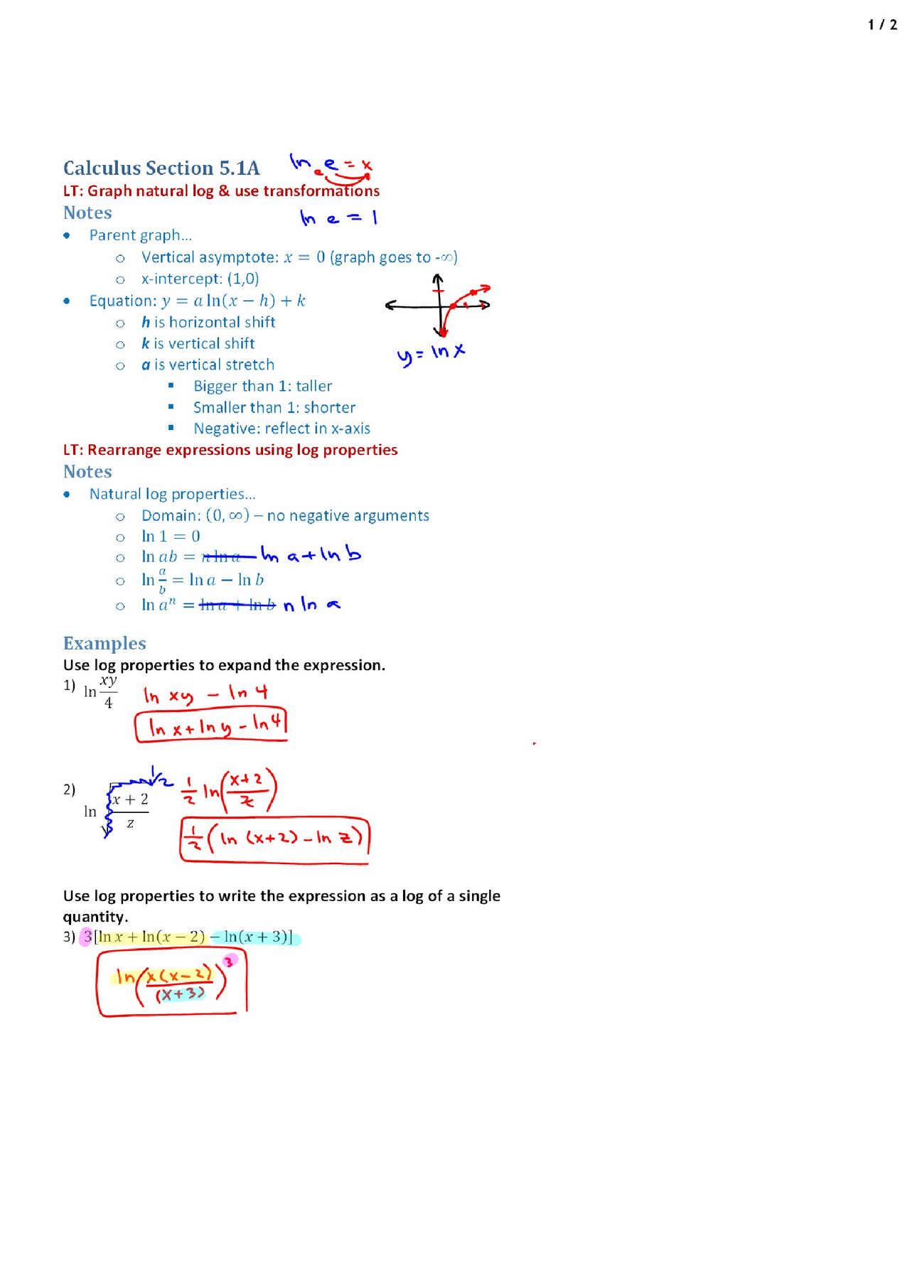Natural Log - AP Calculus - Lecture Notes - Docsity