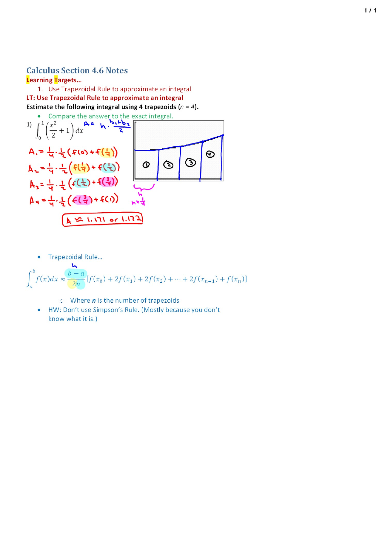 Trapezoidal Rule Notes Trapezoidal Rule - AP Calculus - Lecture Notes - Docsity