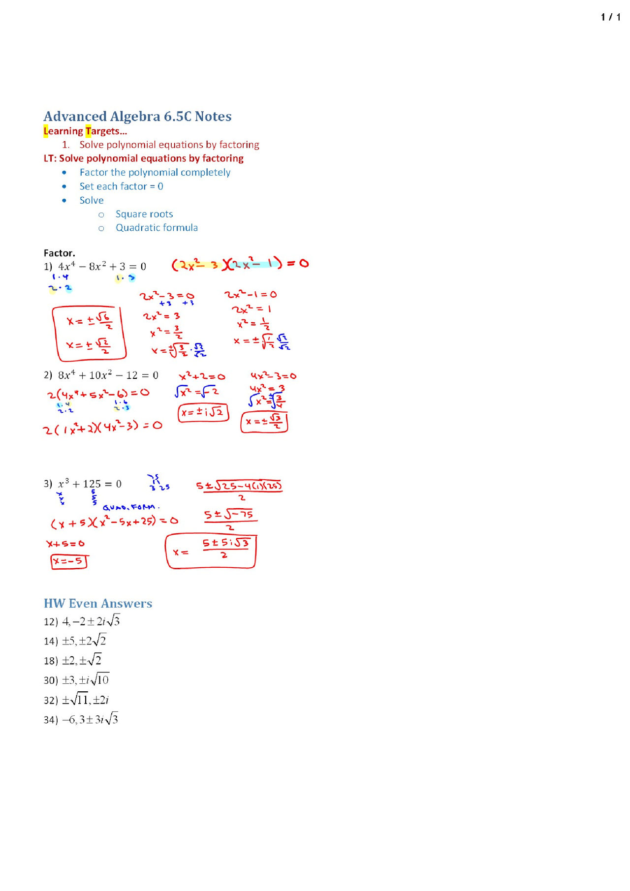 Polynomial Factoring - Advanced Algebra - Lecture Handout - Docsity