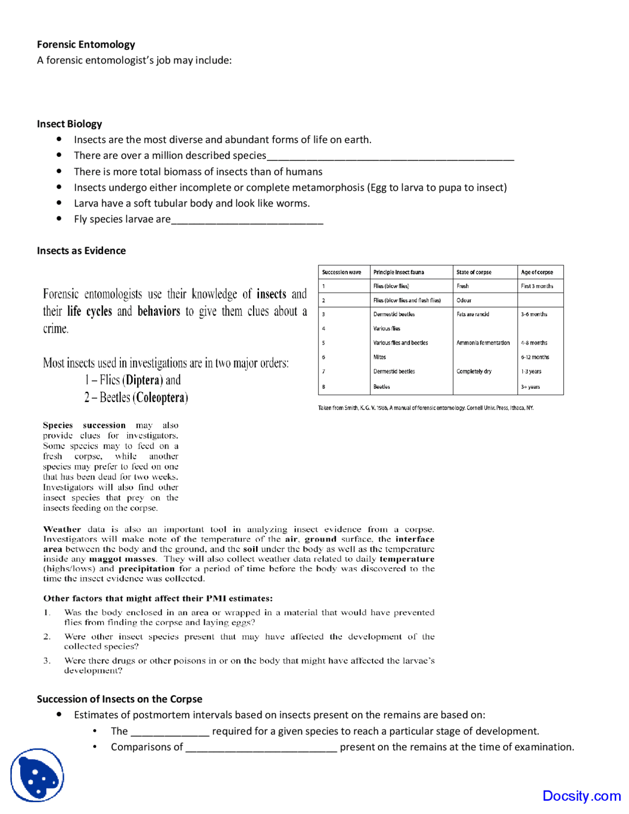 Forensic Entomology - Forensic Science - Lecture Notes | Study notes ...