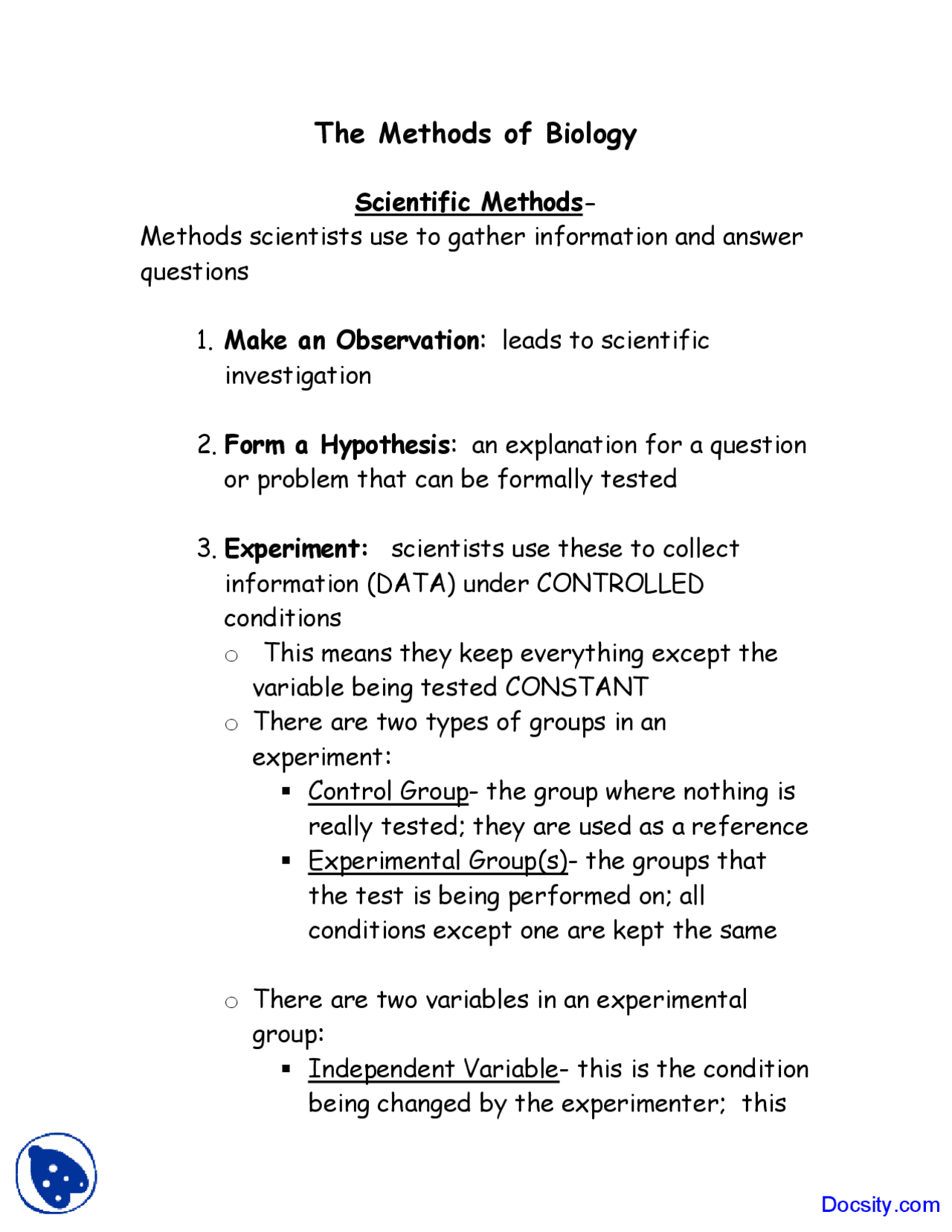 Scientific Methods - Application of Biology - Lecture Notes - Docsity