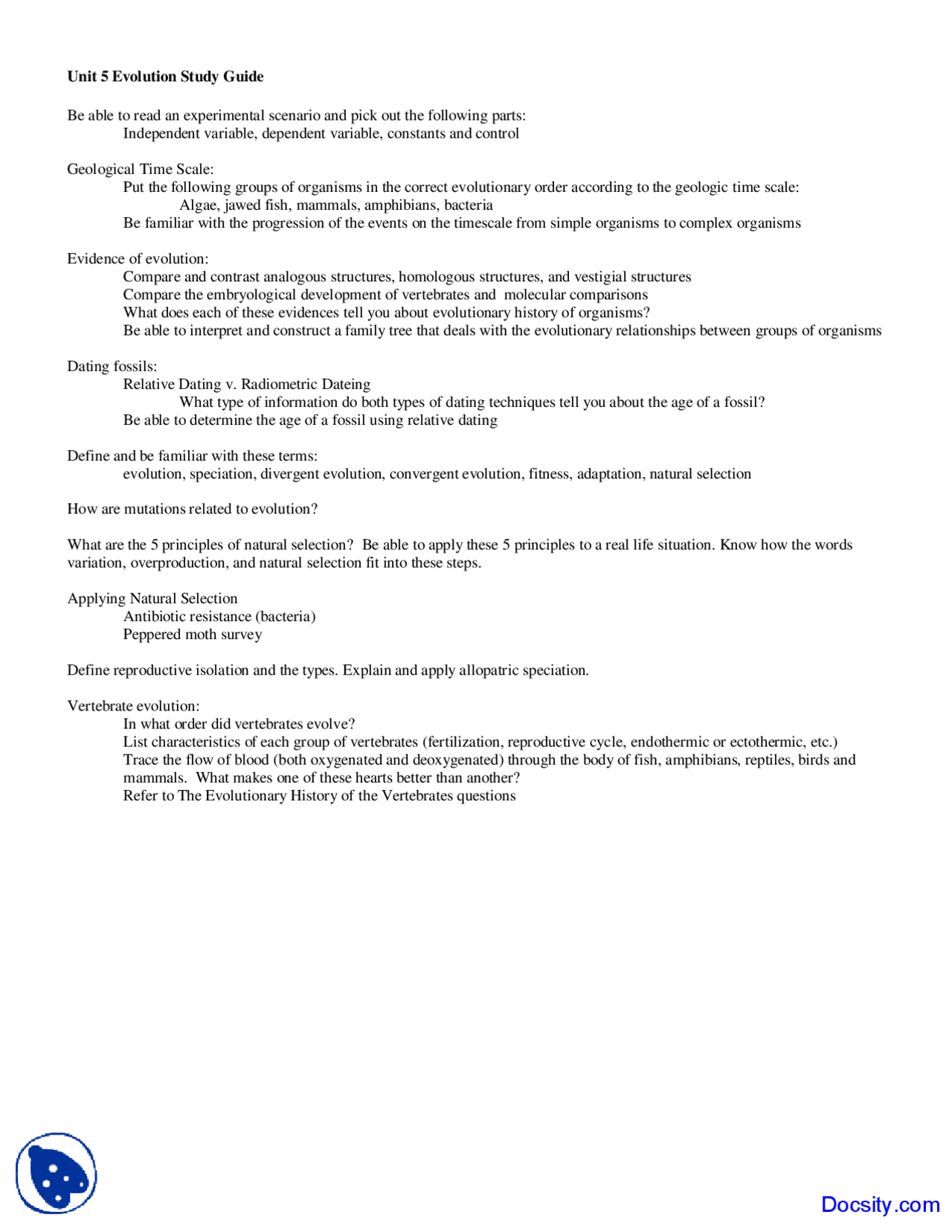 Evolution Application Evolution - Application of Biology - Lecture Notes - Docsity