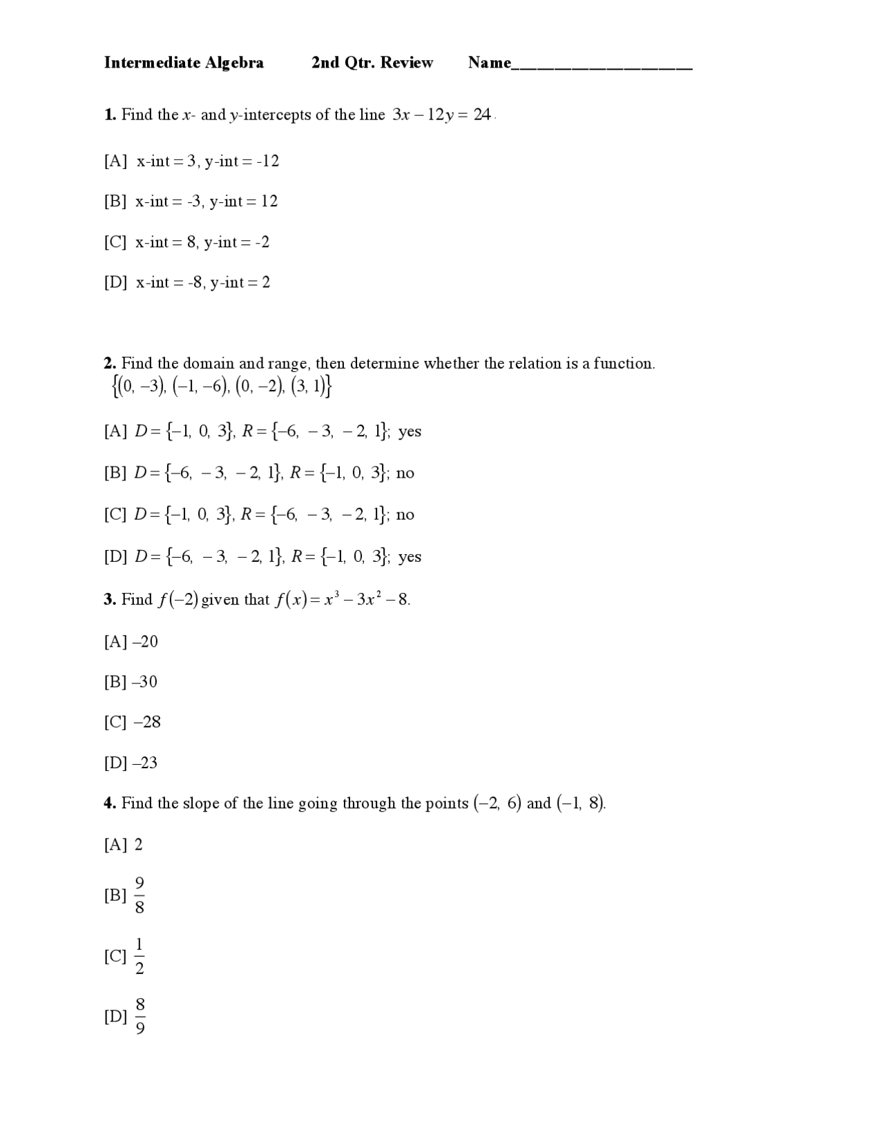 Intercepts of X and Y - Intermediate Algebra - Lecture Handout - Docsity