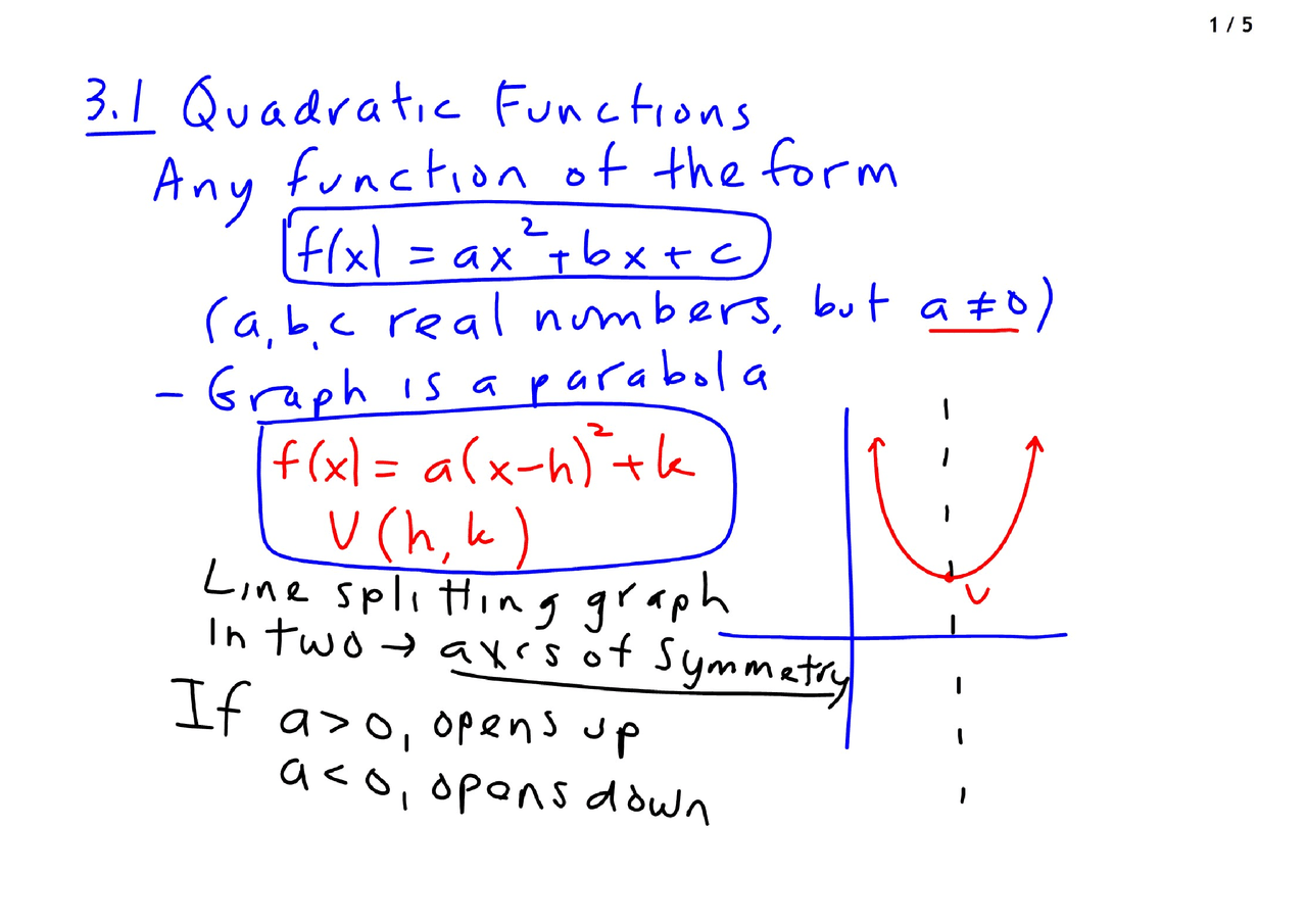 Quadratic Form Functions - Pre Calculus - Lecture Handout - Docsity